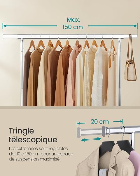 SONGMICS Portant à Vêtements avec Roulettes, Tringle Extensible pour Charge Lourde, Capacité de Charge 130 kg, 45 x (110-150) x 162,9 cm, Porte-manteau, en Métal, Chromé, Argent HSR11S - 4