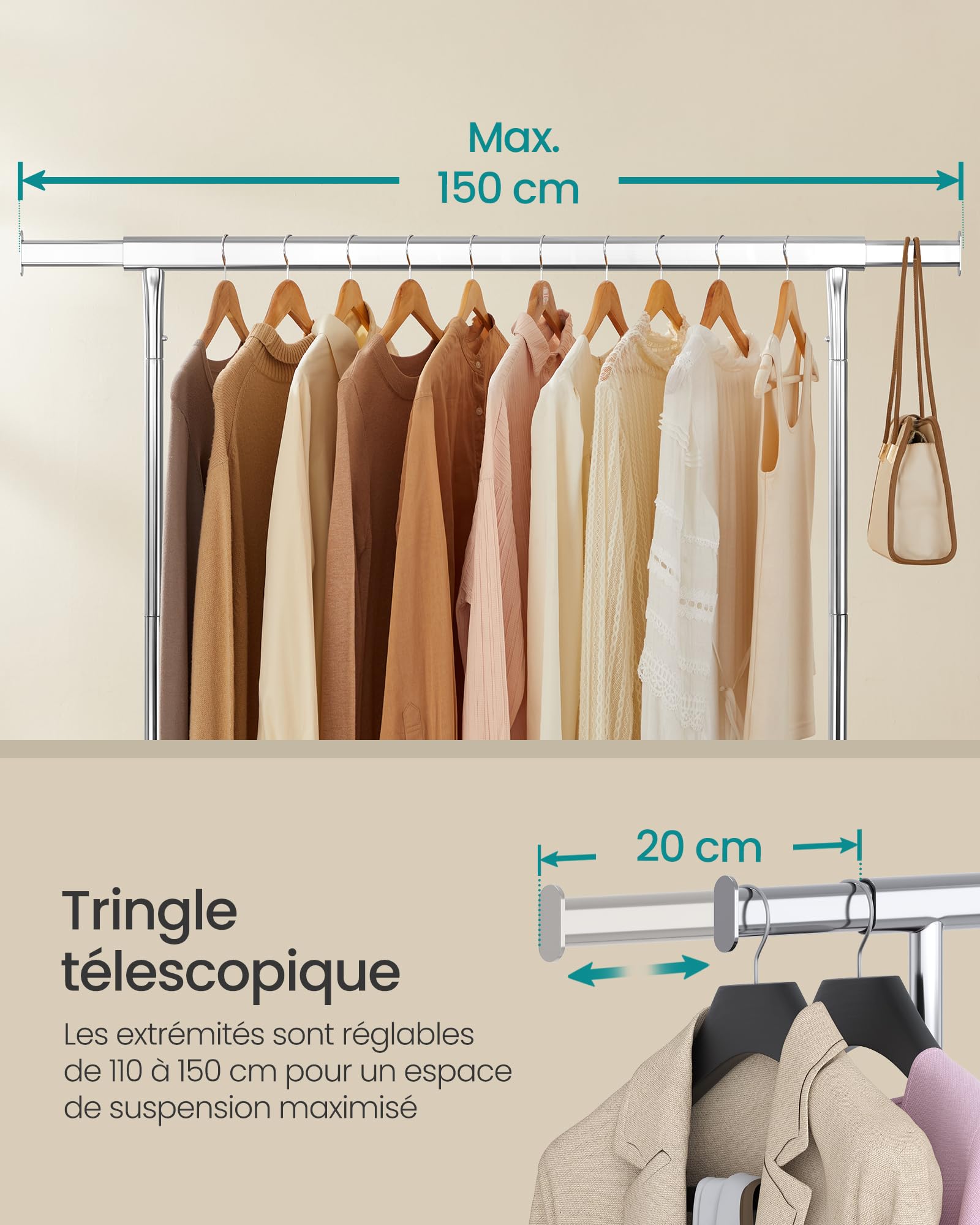 SONGMICS Portant à Vêtements avec Roulettes, Tringle Extensible pour Charge Lourde, Capacité de Charge 130 kg, 45 x (110-150) x 162,9 cm, Porte-manteau, en Métal, Chromé, Argent HSR11S