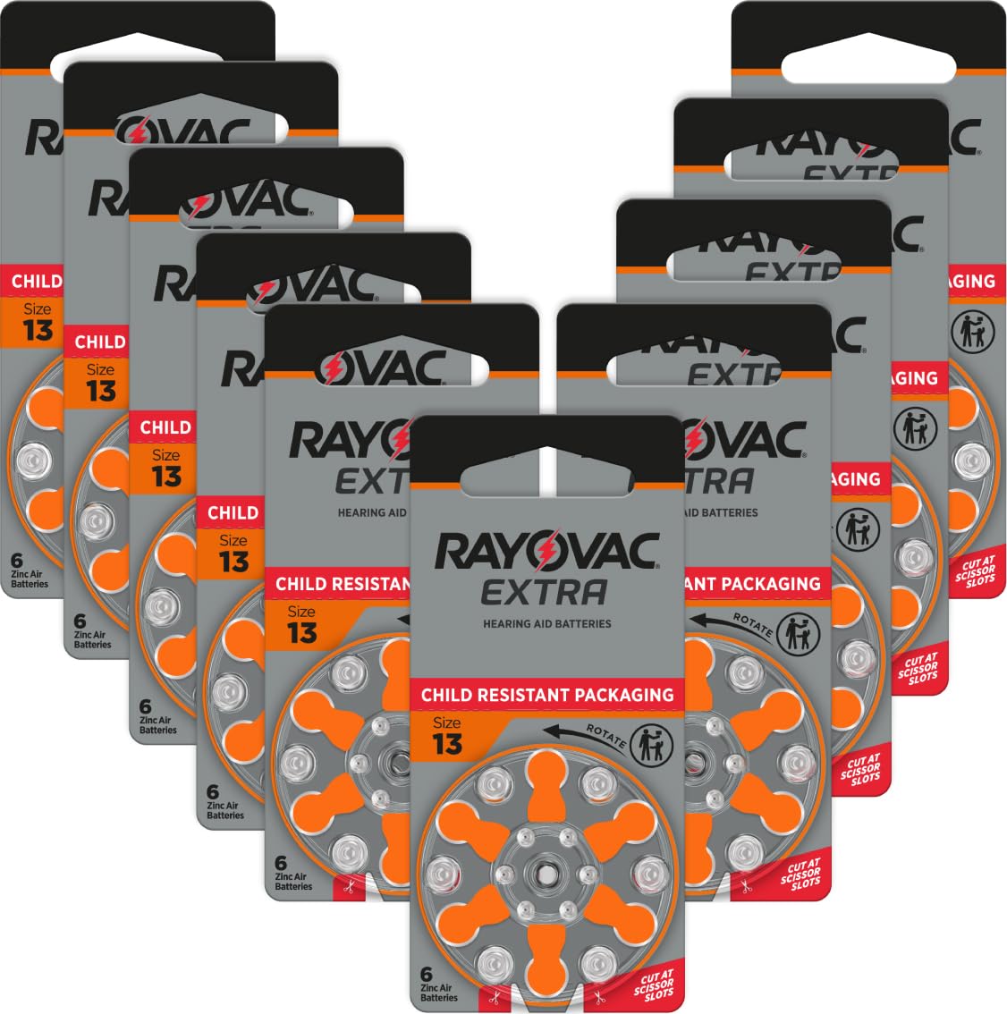 Rayovac Lot de 60 piles pour appareils auditifs Extra Size 13, alimentation durable, zinc-air, sans mercure, 1,45 V, emballage amélioré résistant aux enfants, recyclables, 60 pièces (10 paquets de 6)