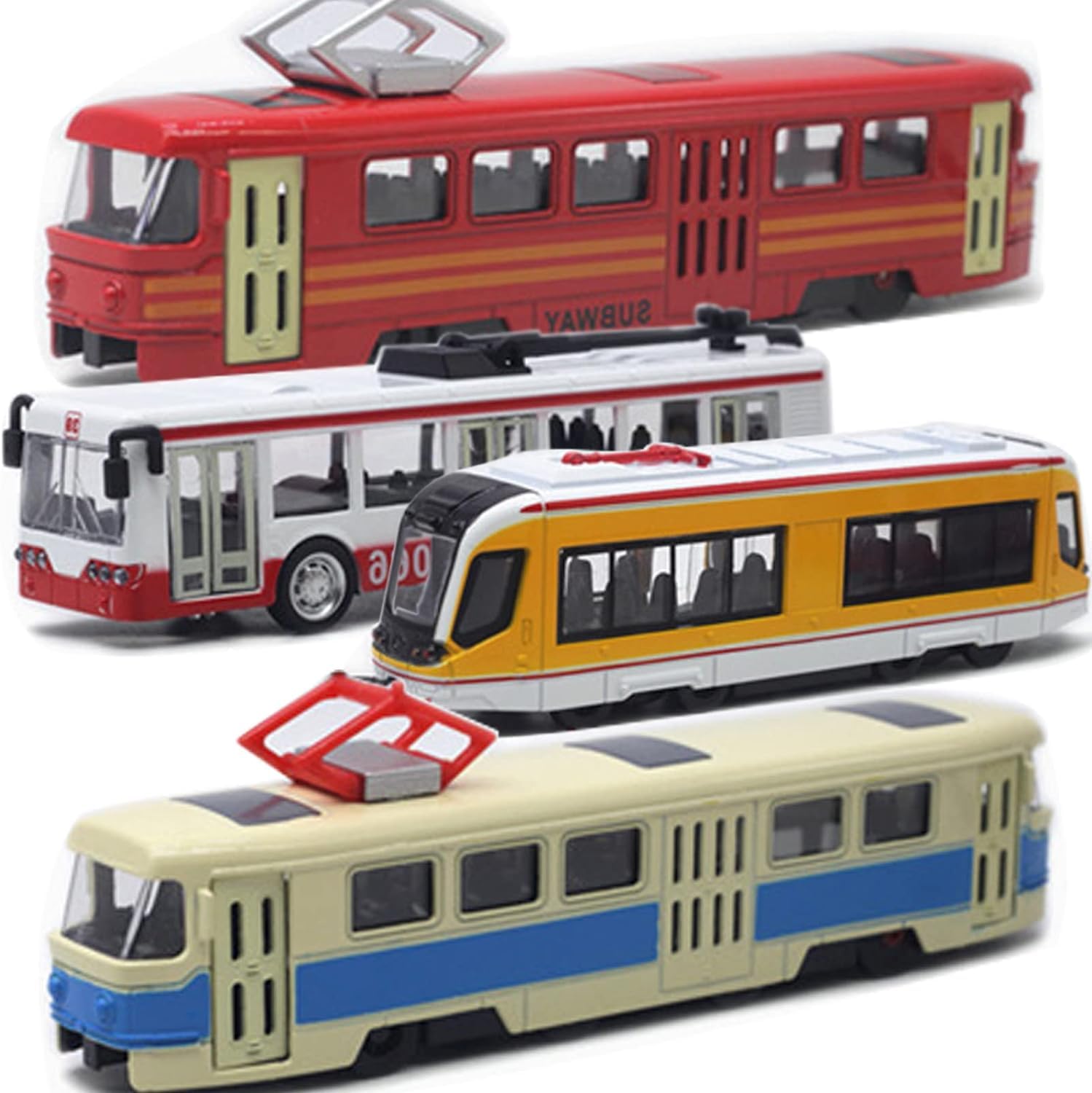 OTONOPI Toy Train Tram Metro Subway Bullet Train High Speed Locomotive Engine Die Cast Model Car Pull Back Vehicle for Kids Underground Transport Pack of 4