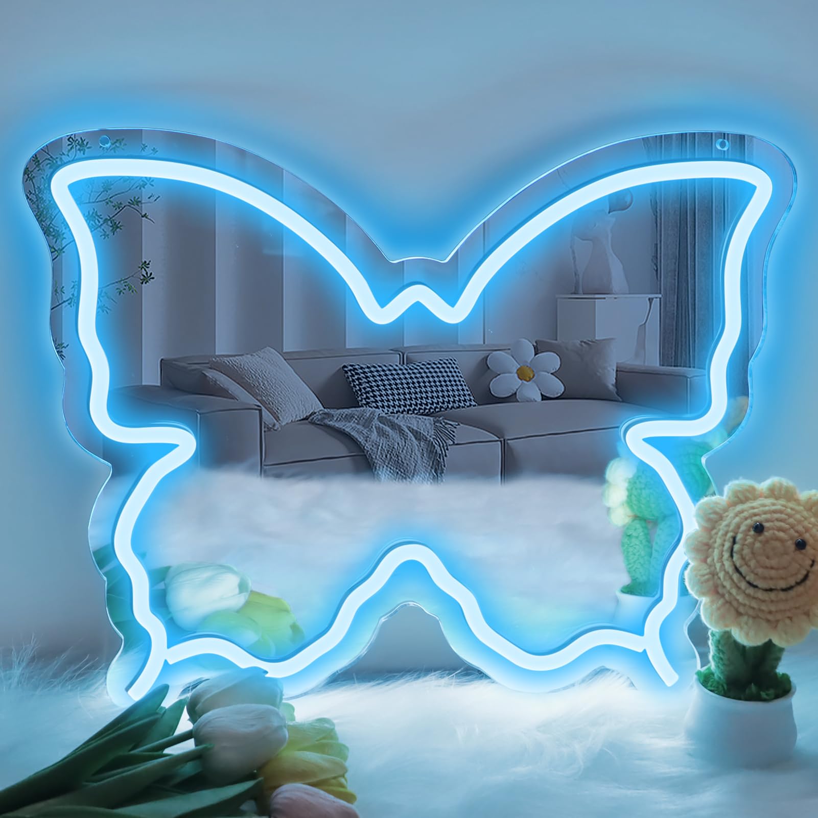 Butterfly Neon Sign Mirror, LED Neon Sign for Wall Decor, 15.7'' x 12'' Dimmable Neon Light for Teen Girls &amp; Kids Birthday Party Gift, Neon Signs for Girl Room Decor, Wall Mirror, USB Powered (Ice Blue)