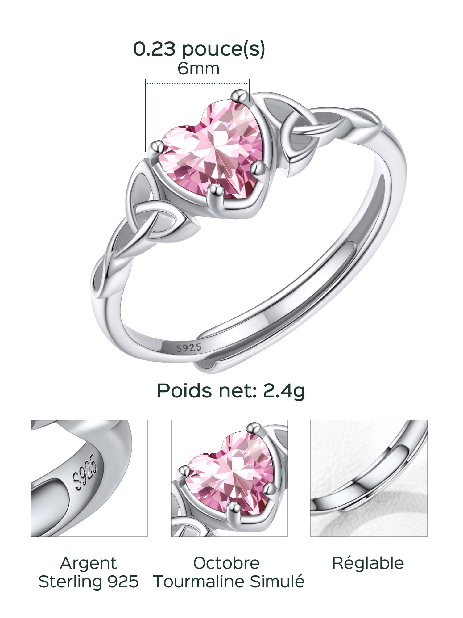 ChicSilver Bague Femme Argent 925 de Taille Réglable, Bague Couple Anneau Fiançailles avec Pierre Coeur et Celtique, Bijoux Brillant Cadeau Femme pour Noël Saint-Valentin Anniversaire