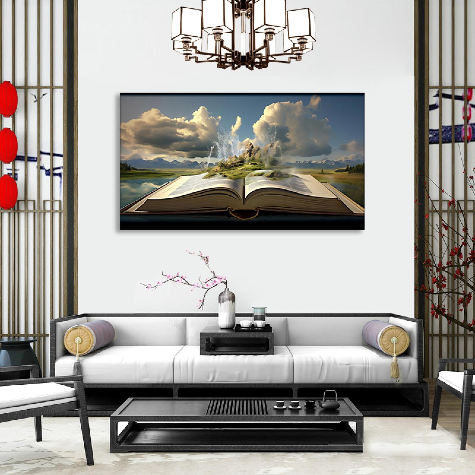 GRASKY Cuadro cascada Cuadro Lienzo Cascada Cuadros Decorativos Cascada Paisaje El río en el libro impresión artística fotografía imagen gráfica decoración 70X126cm (28x50in) Marco interior