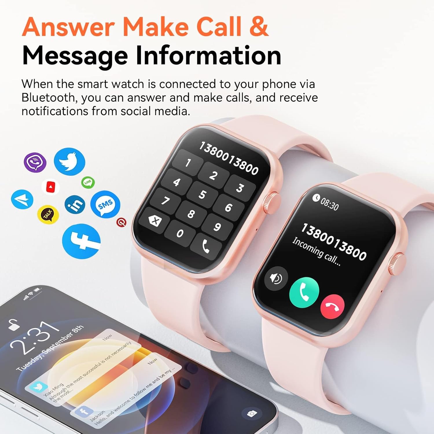 Hwagol Smart Watch G28 displaying an incoming call and a phone showing various social media app icons.