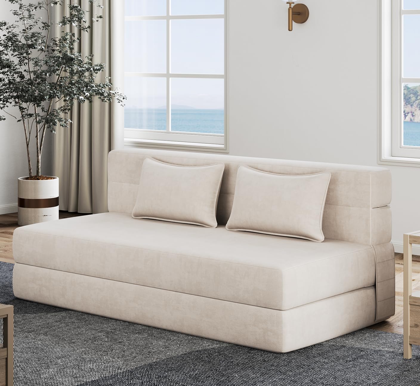 Luoxiao Folding Sofa Bed Queen with 2 Pillows, Portable Foldable Sofa Bed for Travel, Camping, Guest, Trifold Sofa Sleeper with Breathable & Washable Cover, Convertible and Easy to Storage?Off White Off White Queen