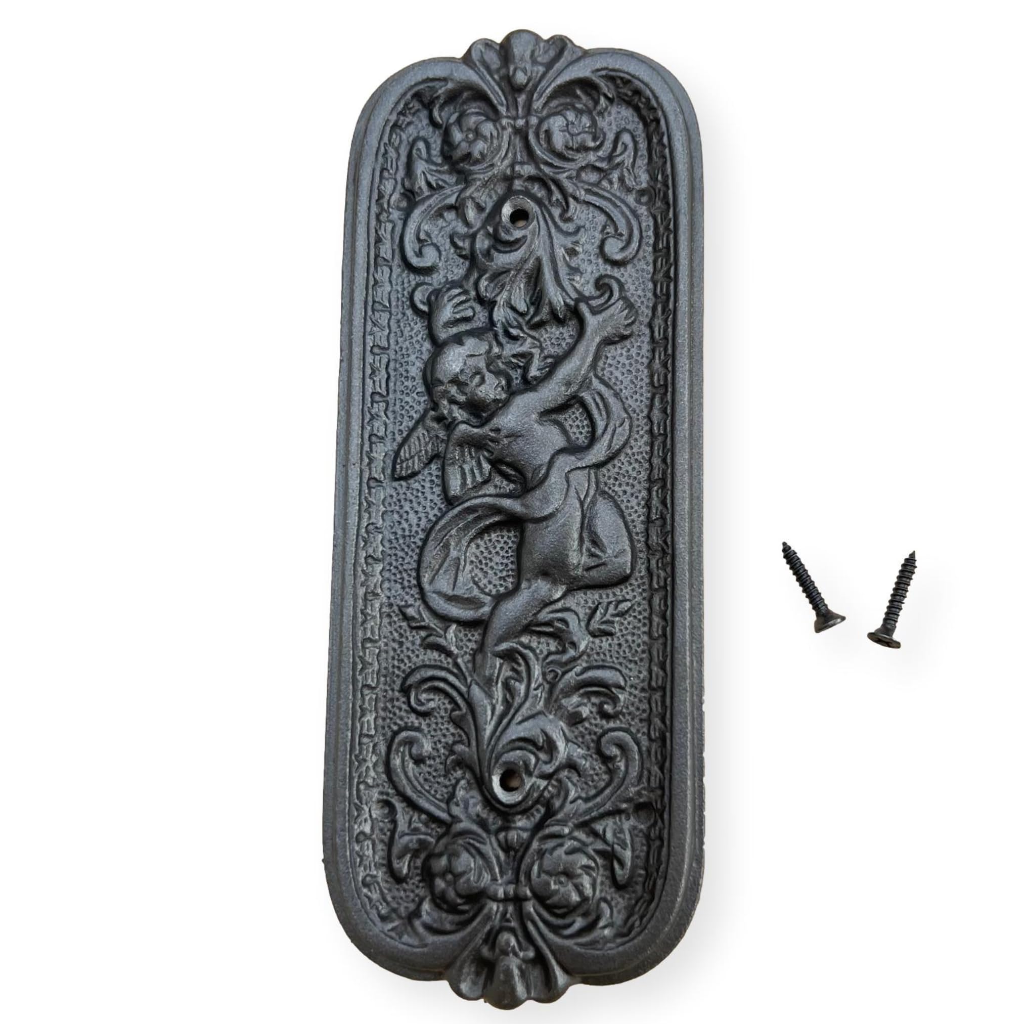 Thorness Dark Grey Antique Rustic Cast Iron Door Push Plate With Ornate Cherub Design - Vintage Finger Plate Decor