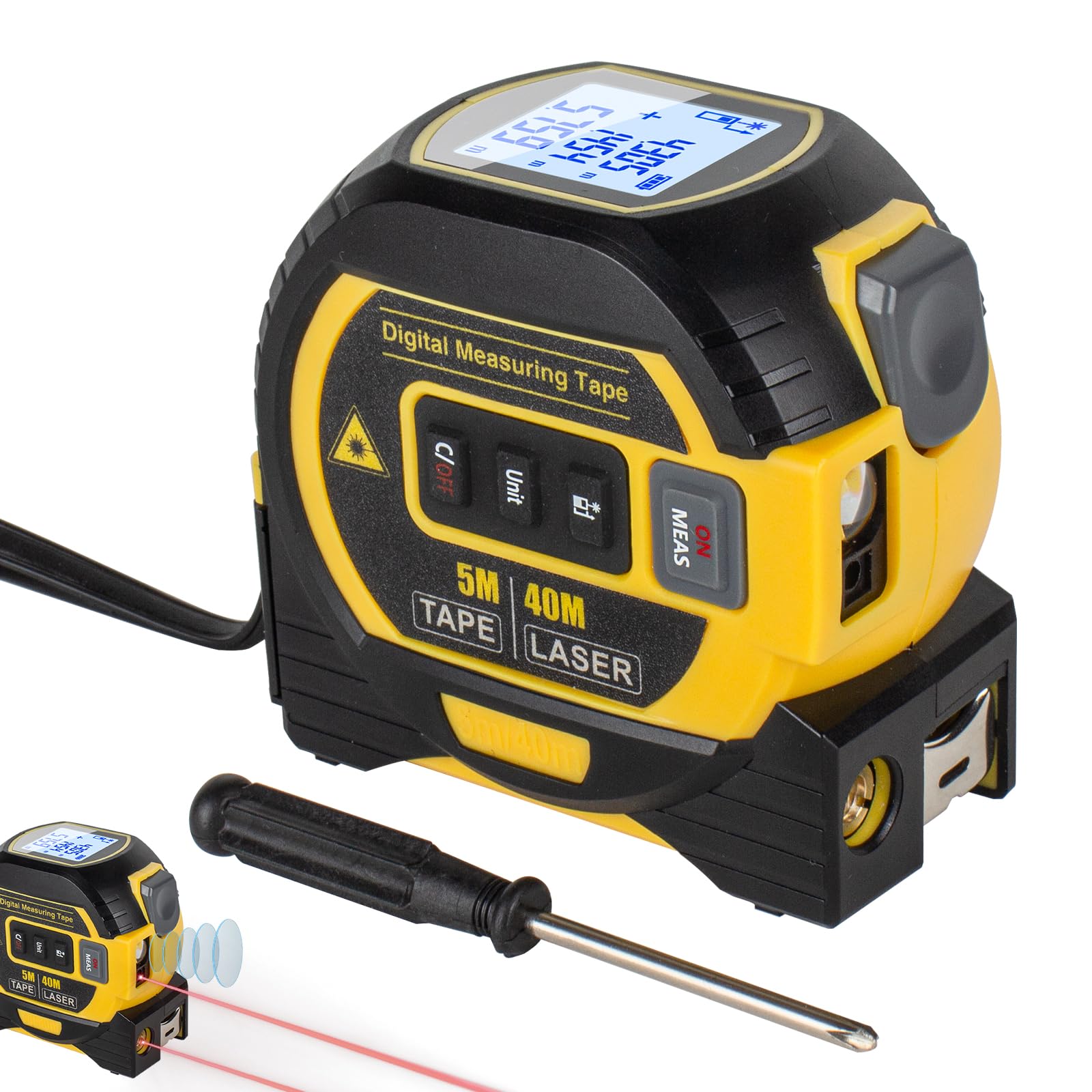 Digital Laser Tape Measure, 3 in 1 Laser Measurement Tool with Crosshair Spirit Level, 131 Feet 40 Metres, Self-levelling LCD Display, Inches/Feet/Metres Units16-foot Tape Measure