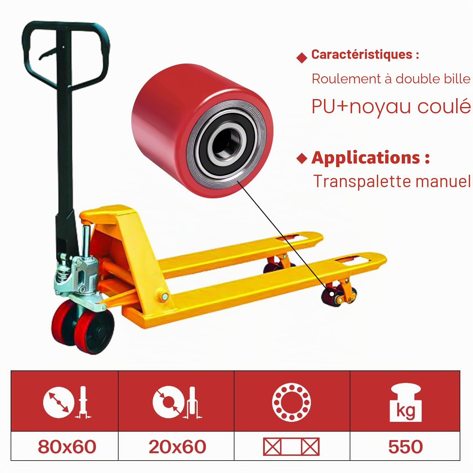 4 roues de transpalette en polyuréthane, 80 x 60 mm, axe de 20 mm, inclut roulements à billes pour transpalettes, charge maximale de 550 kg
