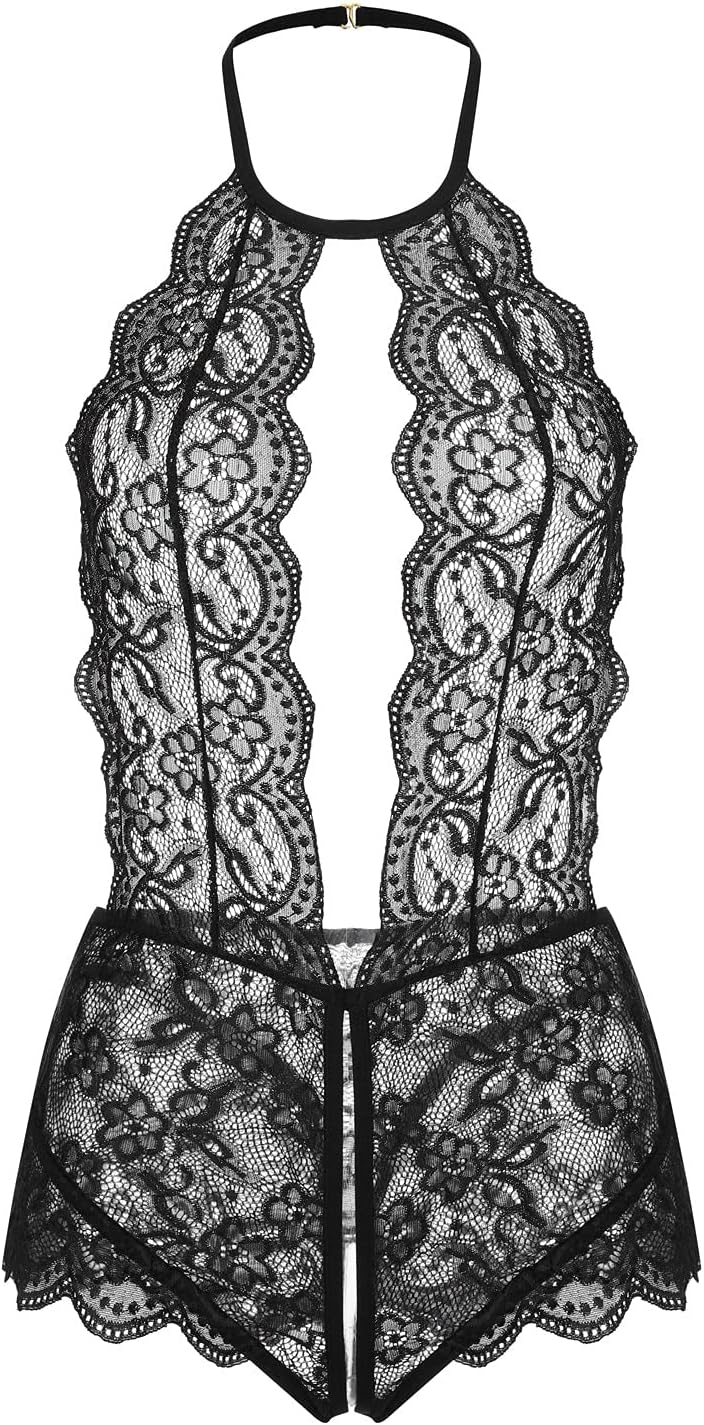CZNYErotic Lingerie Women Plus Size Lace Lingerie Halter V-neck Teddies Sexy Crotchless Underwear Backless Sexy Costume Lenceria 4XL Sexy underwear, comfortable clothing (Color : Black, Size : M)