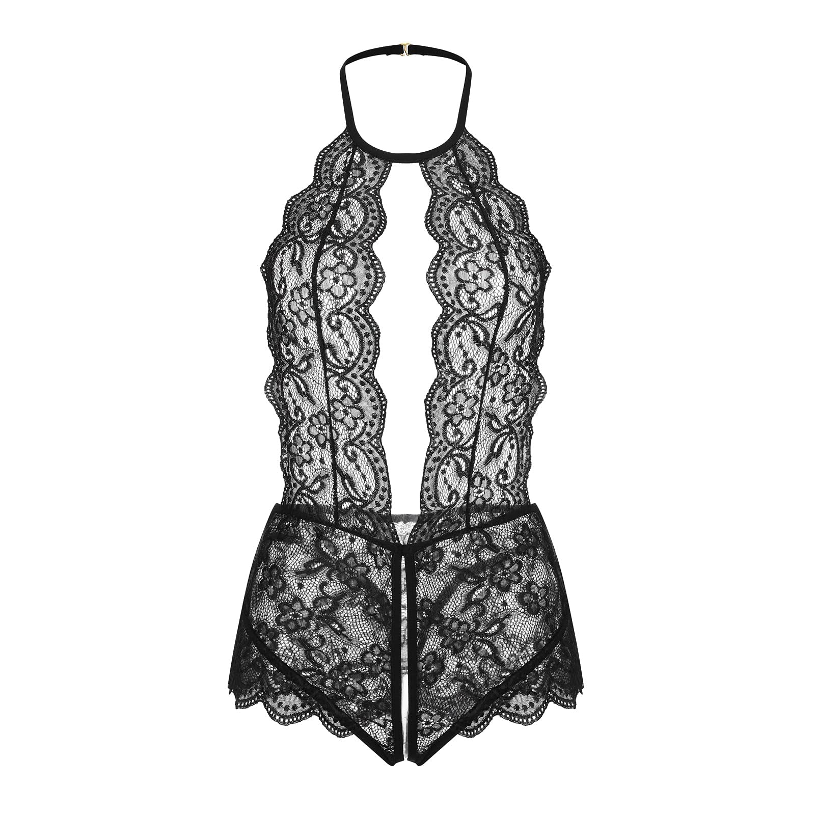 CZNYErotic Lingerie Women Plus Size Lace Lingerie Halter V-neck Teddies Sexy Crotchless Underwear Backless Sexy Costume Lenceria 4XL Sexy underwear, comfortable clothing (Color : Black, Size : M)