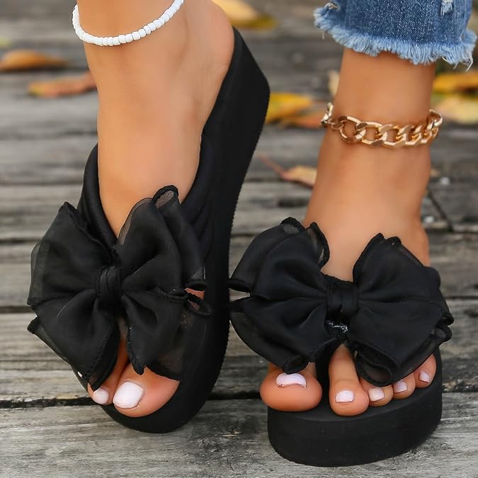 Women's Bow Decor Platform Flip Flops, Open Toe Comfortable Cushioned Slippers, Lightweight Summer Beach Sandals for Women