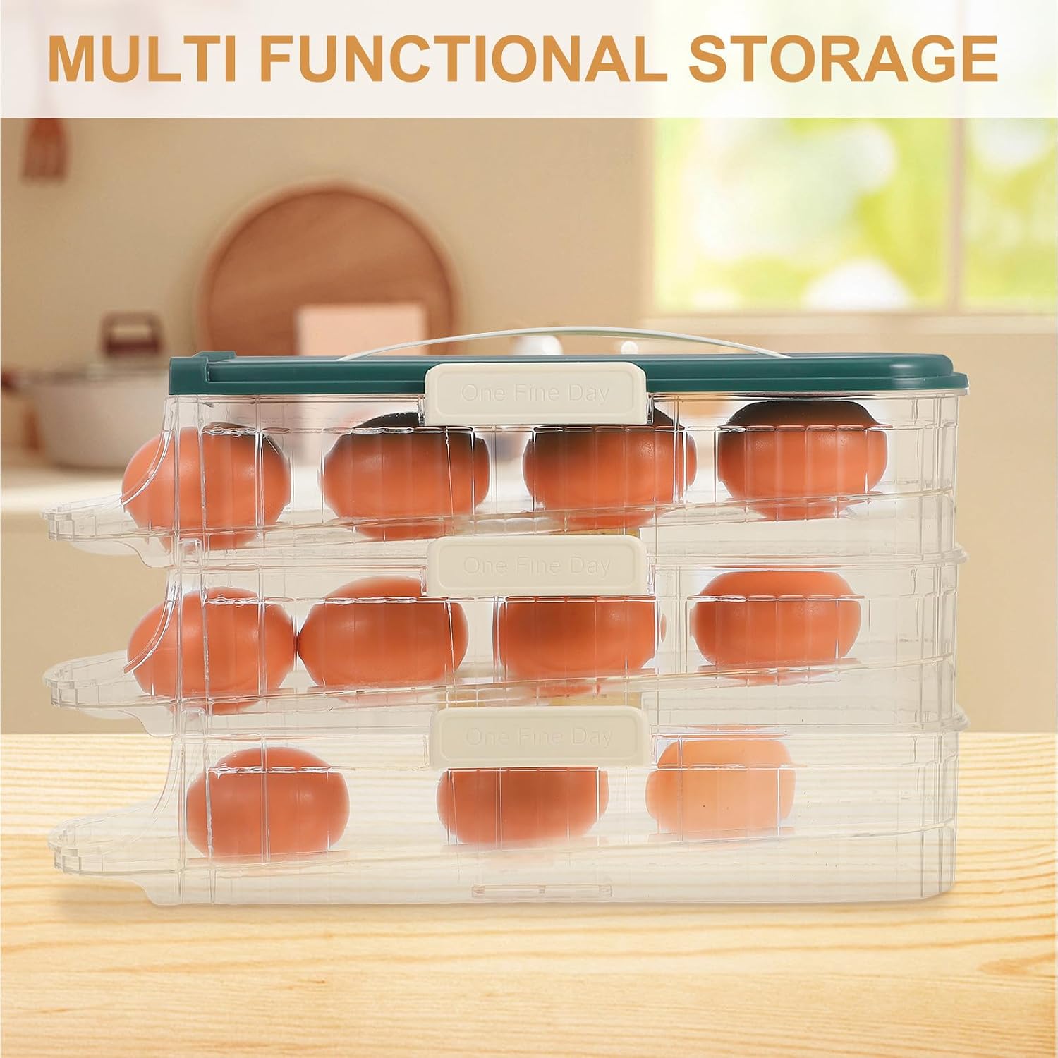 Automatic Rolling Egg Tray for Refrigerator Three Layer PET Green