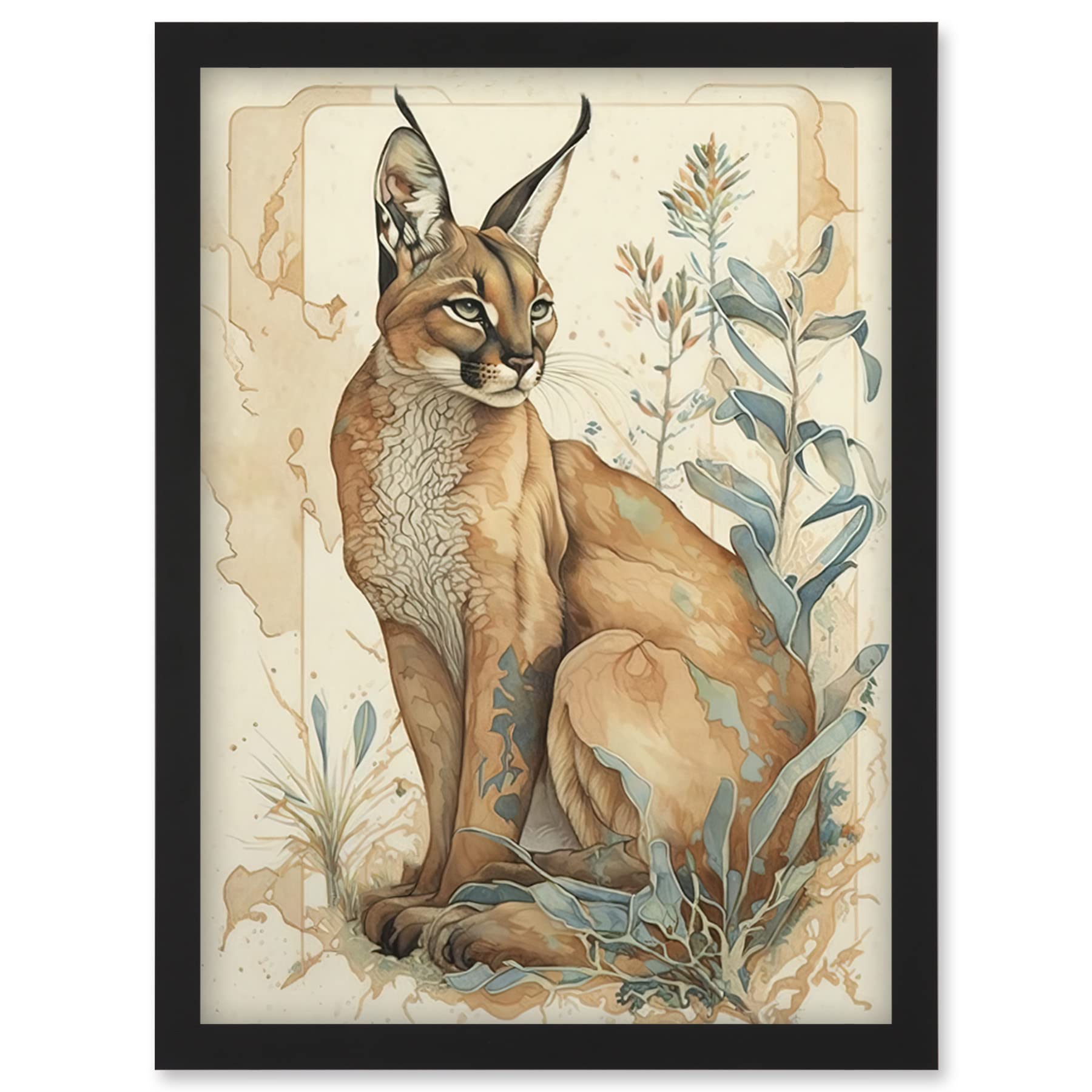 Artery8 Caracal Cat with Teal Plants Modern Pastel Watercolour Illustration Artwork Framed Wall Art Print A4
