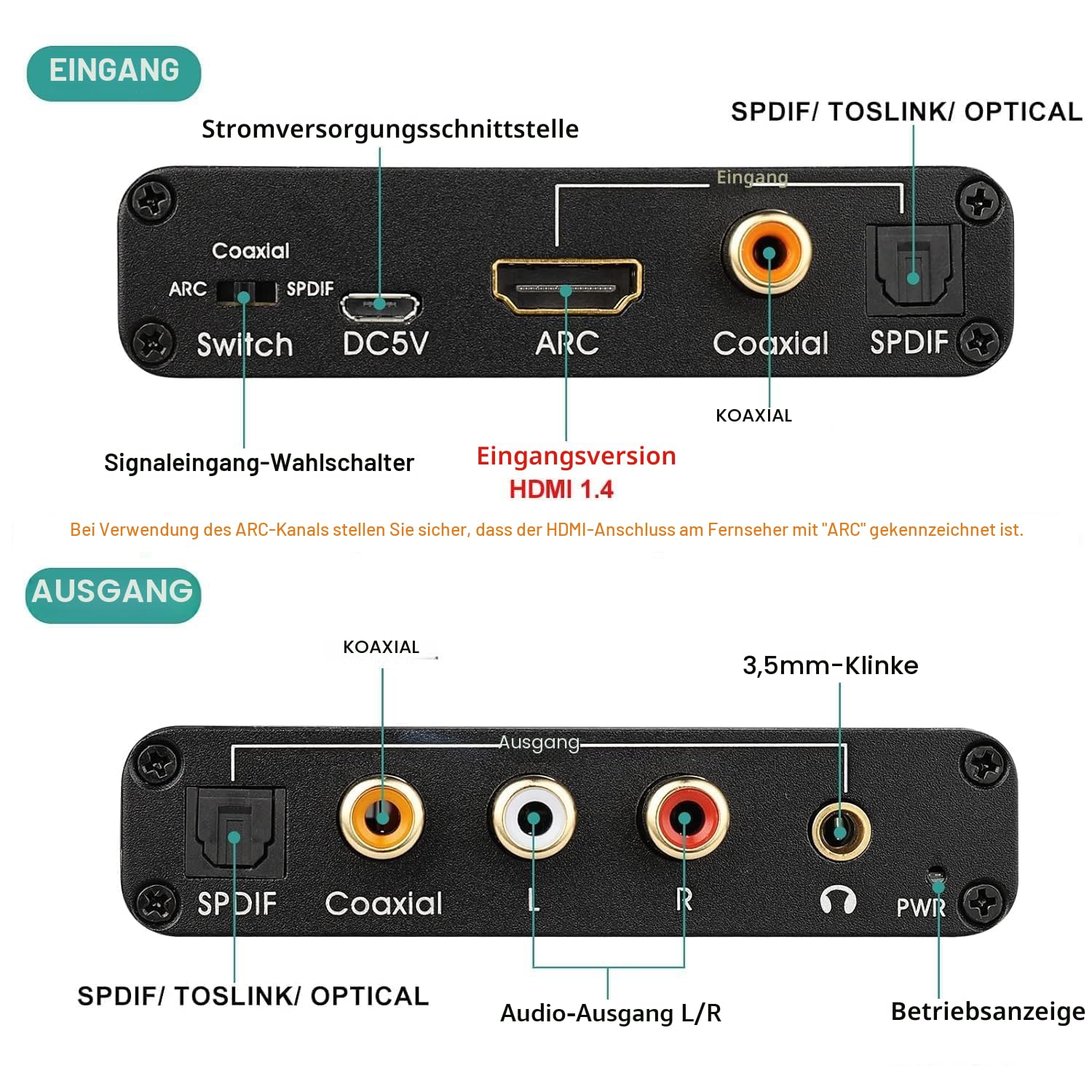 UNSTINCER HDMI ARC Audio Extraktor +192 KHz DAC Konverter 2.0/5.1, HDMI Digital Optical Spdif Toslink Coaxial zu Optisch Koaxial Analog Aux RCA 3,5mm, DA Wandler für DVD TV HDTV Blu-ray(ohne decoder)