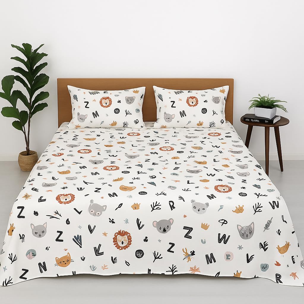 Kid's Alphabetical Cartoon King Bedsheet with 2 Regular Size Pillow Covers | Alphabet Bedding Sheets (Alphabet Adventure)-image-3