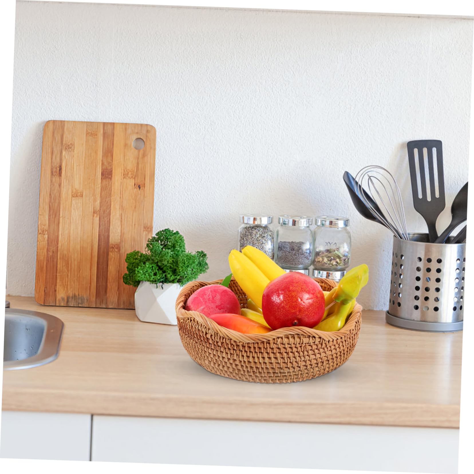 Cesta de Ratán Redonda para Pan y Frutas, Tejida a Mano, Beige, Adecuado para Cocina y Hogar, Organizador Decorativo