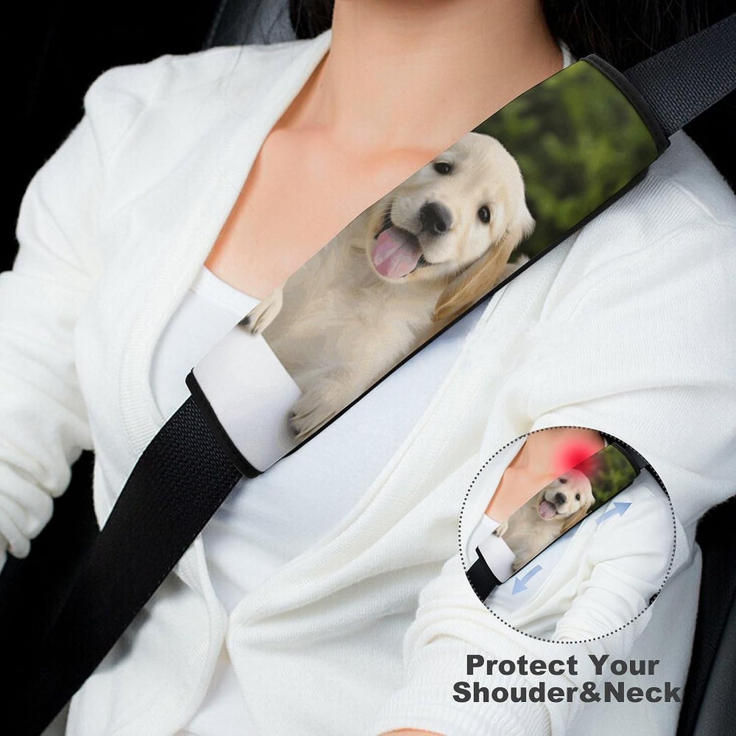 2 PCS Super Soft Car Seat Belt Pad, Cute Golden Retriever Puppies Printed Waterproof Sweat-Absorbing Seat Belt Covers Backpack Shoulder Pad for All Car Seats Baby Strollers