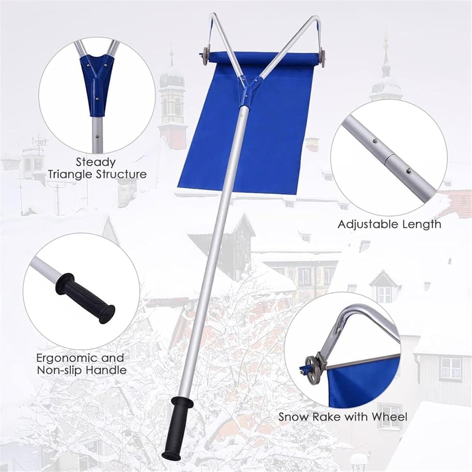 Snow Shovels 21 Feet Snow Roof Rake, Roof Snow Rake Removal Tool with Snow Slide & Telescoping Pole, with 3-Inch Hub, Anti-Slip Handle, for Pitched Roof, Asphalt Shingle Roof