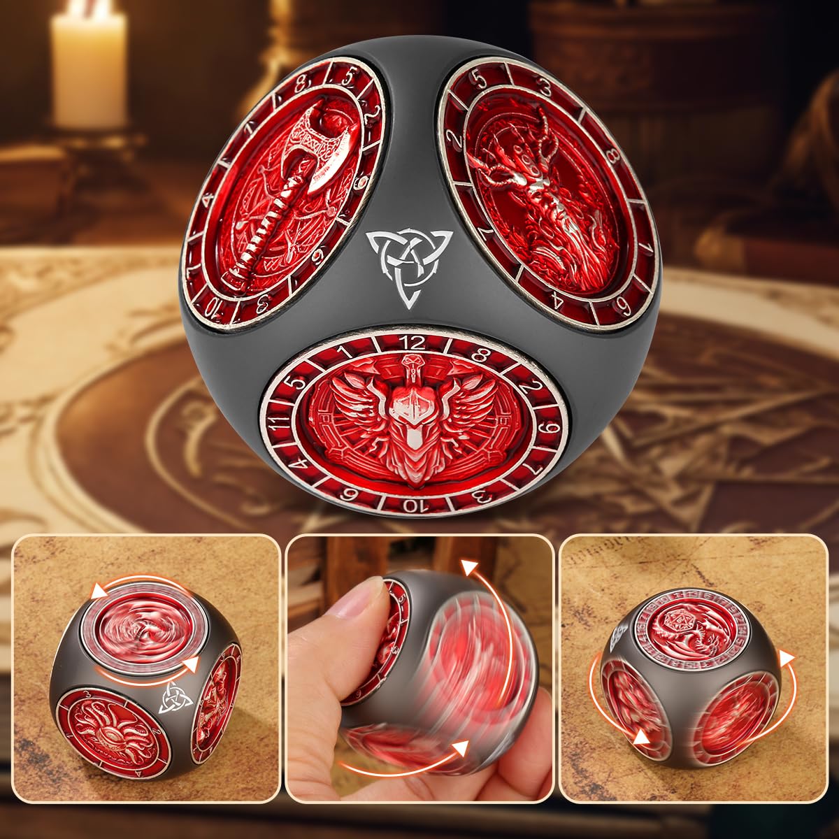 DND Rotanti Dadi Spinner, 7-in-1 Dadi in Metallo con Rilievo 3D, Dadis Poliedrici Rotanti D&D, Regali DND con Scatola Regalo con Logo Drago, Giochi di Ruolo, Accessori per Giochi da Tavolo, Nero+Rosso