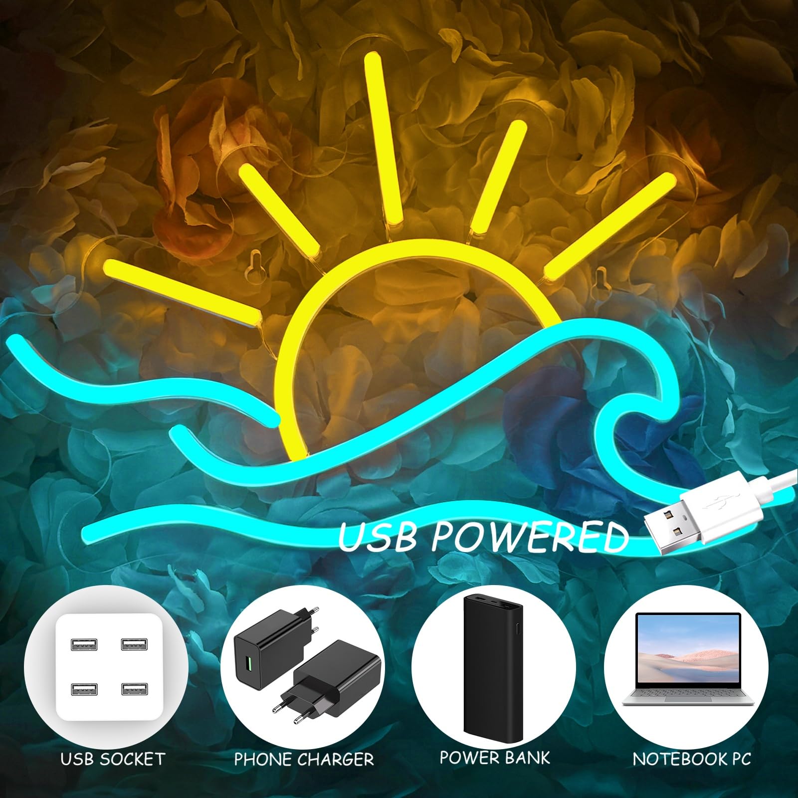 Panneau néon tropical avec lever de soleil dimmable, arbre de palme, lumière néon USB, cocotier côtier, néon LED, impression UV, mer, plage, art mural, panneaux lumineux pour la maison, bar, fête sur
