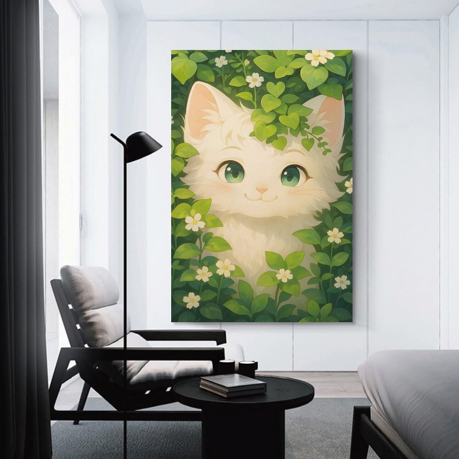 Junmoney Unframe-Style-15 Cute White Cat In Greenery Room Decor Wall Art 20X30inch(50X75cm), For Entrance Walls, Hall Decor Or Foyers, A Neat Decor Update For Hallways
