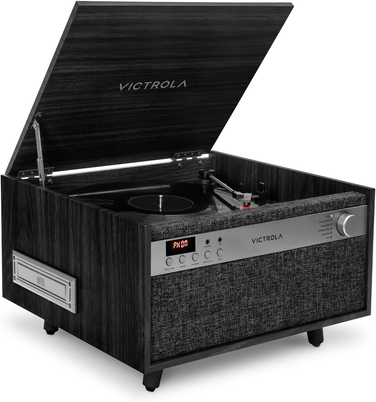 Victrola Century 6-in-1 Vinyl Record Player & Music Center – 3-Speed Turntable, CD & Cassette Player, VINYLSTREAM, Bluetooth & 3.5mm Aux, Record Player with Speakers, Mid Century Design (Black)