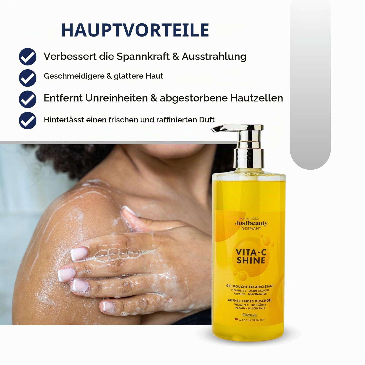 Aufhellendes Duschgel Vita C Shine 620ml – Extra Stark mit Vitamin C, Niacinamid, Kojicsäure & Hyaluronsäure – Feuchtigkeitsspendend & Teintausgleichend