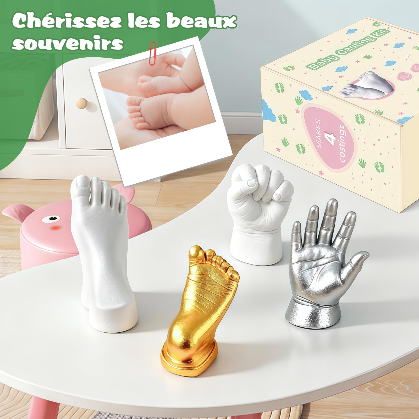 Empreinte Main Pied Bebe 0-9 Mois Kit de Moulage 3D 4 Moulages avec Peintures Non Toxique Souvenirs Personnalisés Cadeau Naissance