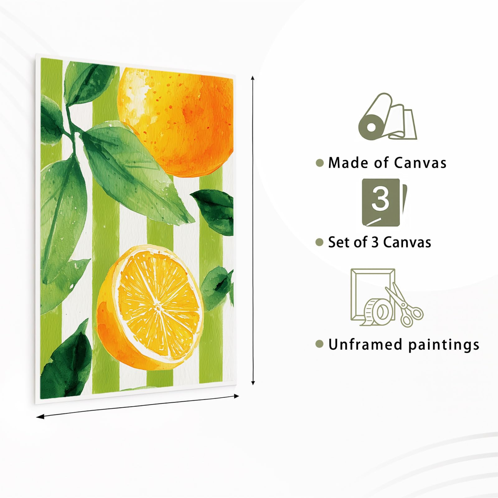 3-teiliges Wandbild Leinwand Set 50 x 70 cm, Ohne Rahmen Triptychon Ästhetische Kunstdrucke Frucht Streifen für Wohnzimmer & Schlafzimmer, Mediterran Orange Zitrus Sommer Hell Frisch