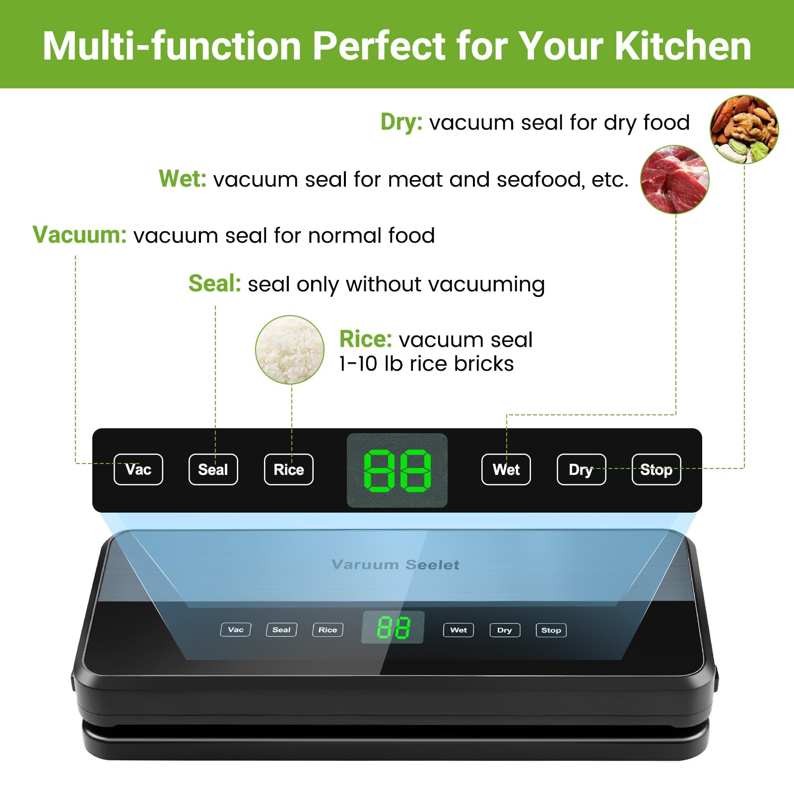 Selladora al vacío de Alimentos 8 en 1, 65 kPa, 30 mm de Largo, con 30 Bolsas y Almacenamiento, para conservación de Alimentos Secos y húmedos, Cortador Integrado.