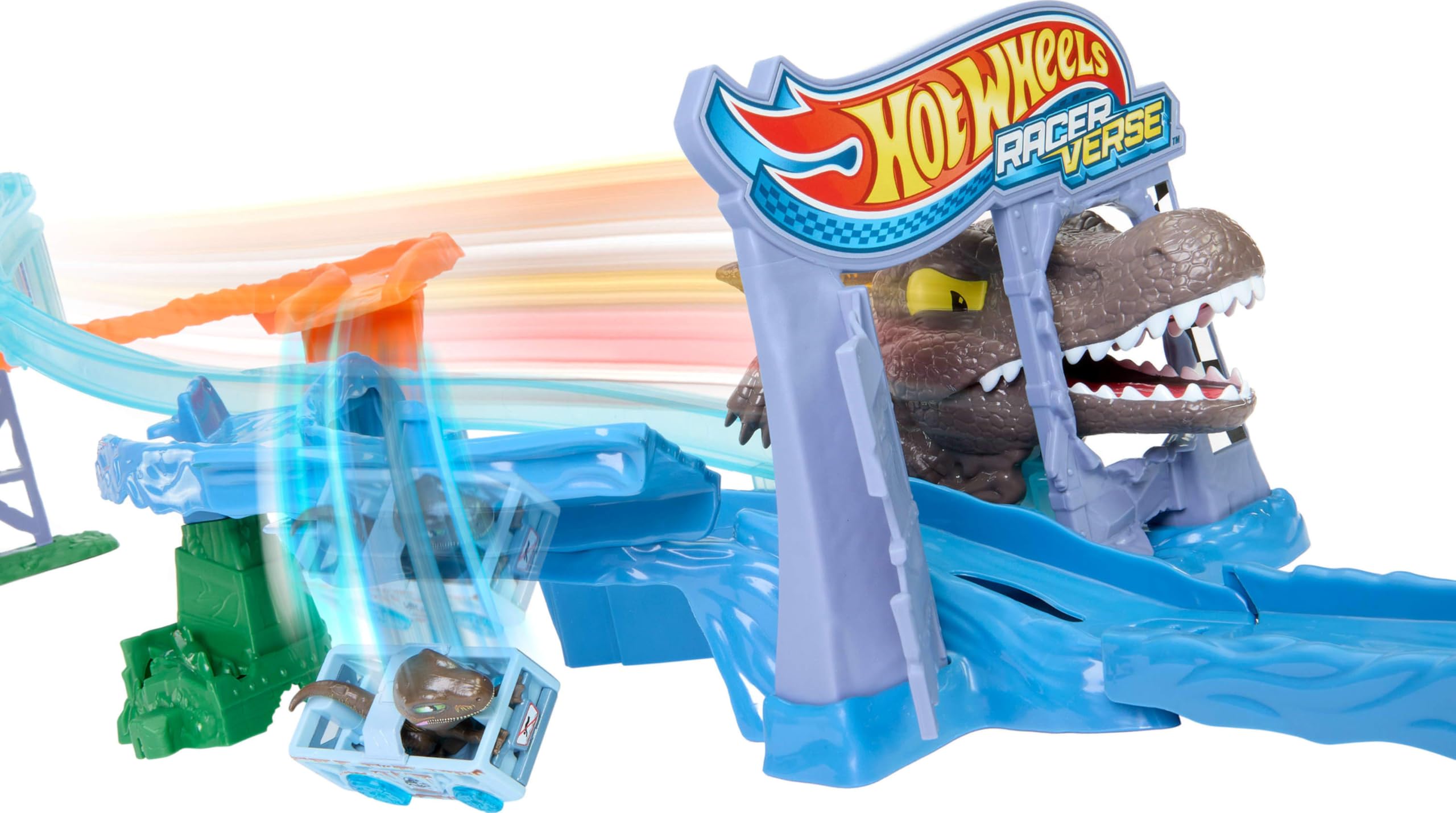 Hot Wheels Tor Samochodowy, RacerVerse Jurassic World Crash & Splash z Velociraptorem i Spinozaurem, JFP32