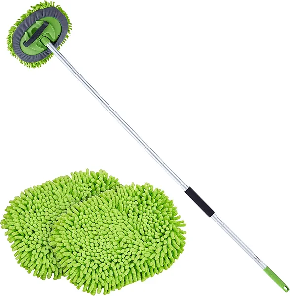 VEVOR Car Wash Brush, 62-Inch Extendable Car Washing Brush with Long Handle, Soft Chenille Fiber Car Wash Mop Mitt, 180° Rotatable Car Cleaning Brush with 1 Replacement Mop for Car, RV, Window, Floor