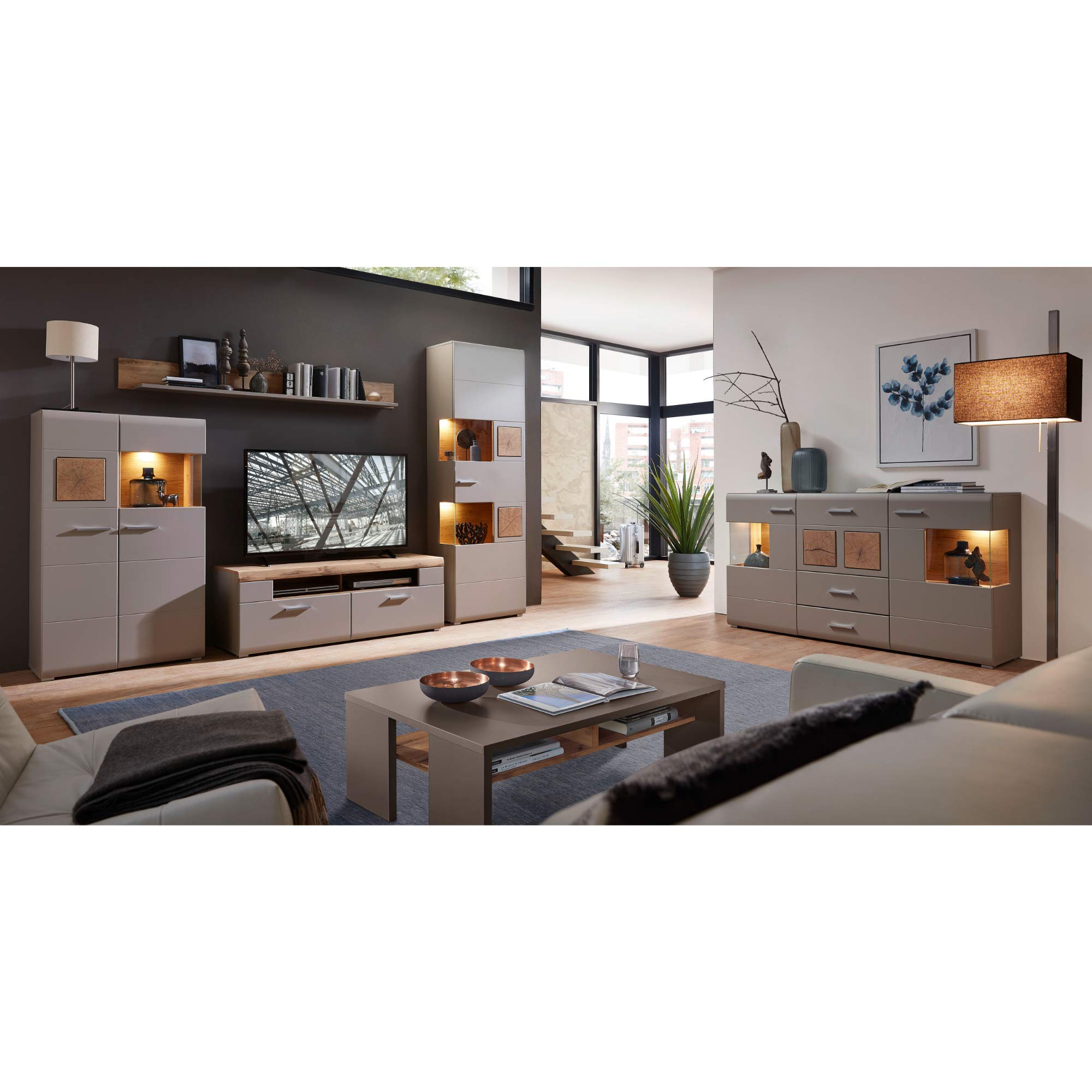 Stella Trading Plus 2 Mueble de TV en basalto con Bonita decoración de Roble Superior – Tabla Baja salón – 140 x 51 x 47 cm (Ancho x Alto x Profundidad)