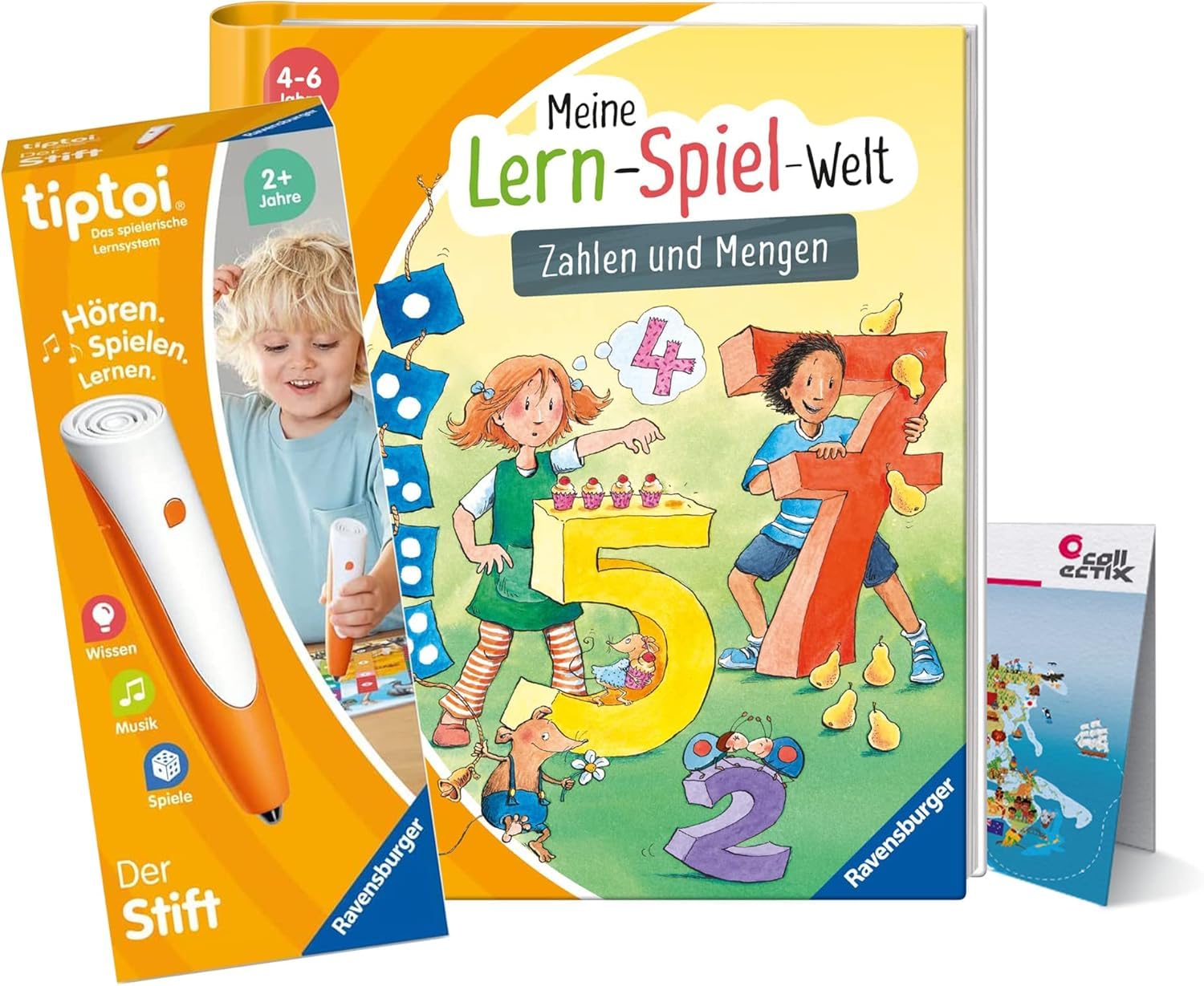 tiptoi Zestaw Ravensburger - Meine Lern-Spiel-Welt - liczby i ilości (książka dla dzieci) + 00110 długopis + mapa świata dla dzieci, zabawka edukacyjna dla dzieci