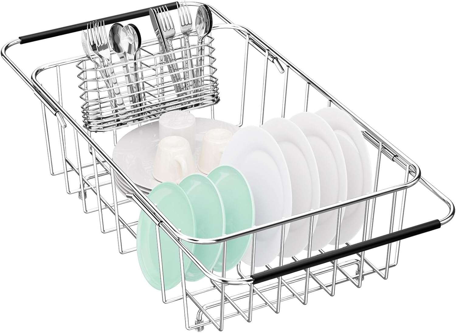 Small Dish Drainer Rack in Sink Adjustable, Expandable Stainless Steel Metal Dish Drying Rack Organizer with Stainless Steel Utensil Holder Over Inside Sink Counter, Rustproof(for 1-2 People) Small?14.17*9.45*5.12 Inches?