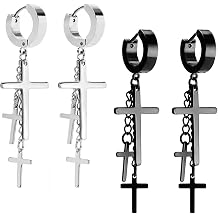 JewelrieShop Cross Tassel Stainless Steel Urban Huggie Hinged Hoop Dangle Earrings
