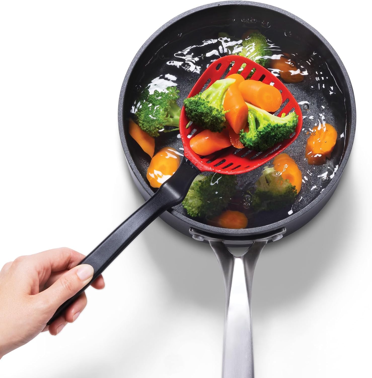 Dreamfarm Lestrain 2-in-1 Drip-Catching Sit-Up Slotted Cooking Spoon Scoop & Strainer - 11" Red