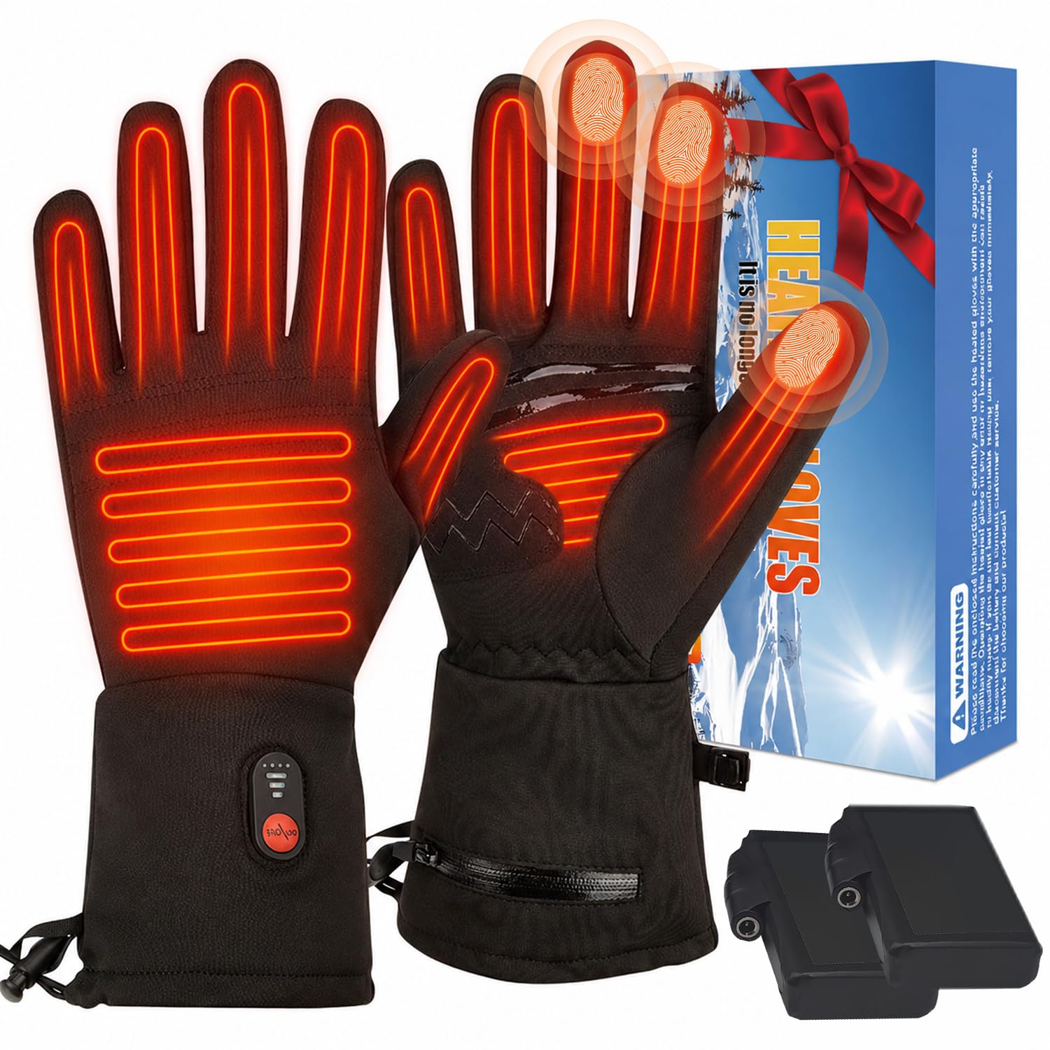Black, M - Heated Gloves for Men Women, Electric Winter Gloves with 2×2200mAh Rechargeable Batteries, 3 Heat Settings, Warm Gloves for Skiing, Hiking, Outdoor Sports and Cold Weather
