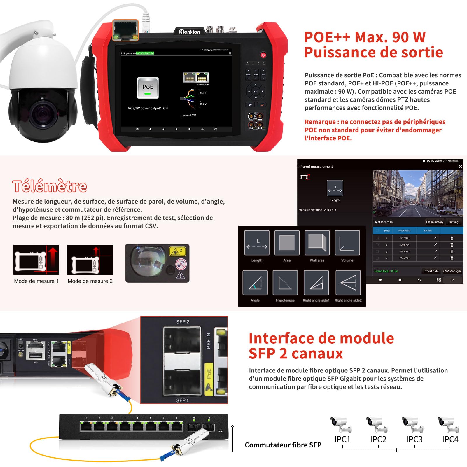 Henkion Testeur IPC CCTV H20-MOVTADHSEF 8K 32MP 12MP IP Caméra Test POE++ Max 90W HD Testeur de caméra 8MP TVI/CVI/AHD/SDI/CVBS DMM TDR WiFi Outils de réseau RJ45 Testeur de câble 2CH SFP Port HD VGA