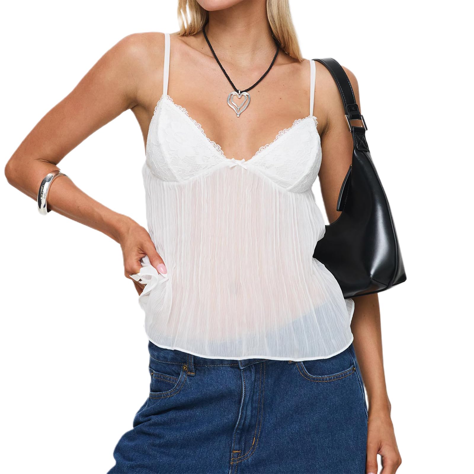 Women's Y2k Crop Camisole Sexy Spaghetti Strap Bow Knot Front Pleated Sheer Mesh Tank Tops Lace Patchwork Deep V Neck Vest Going Out (B-03, M)