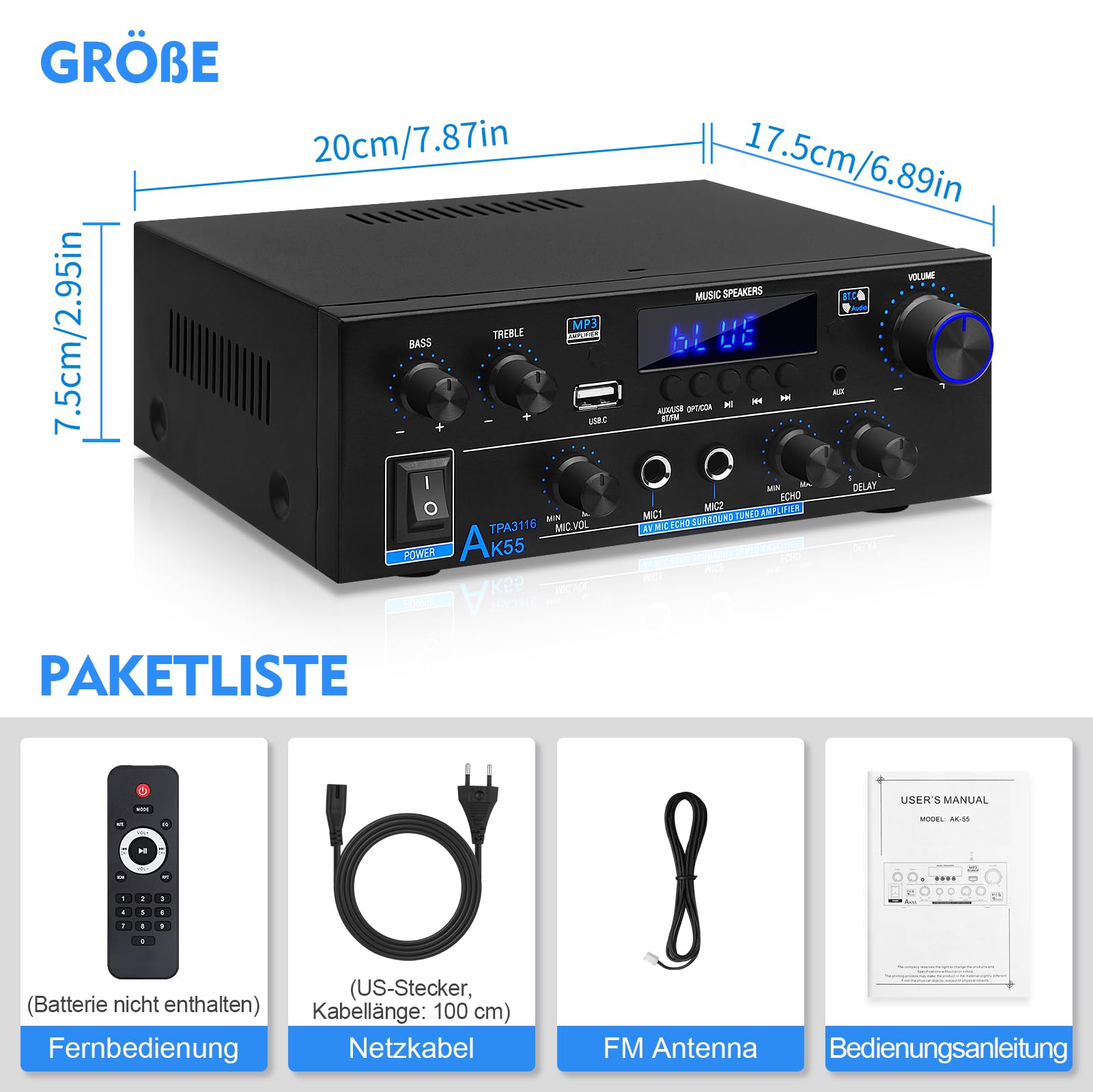 sikkeby Wzmacniacz HiFi AK55 Bluetooth stereo wzmacniacz audio, 2 kanały 70 WX2 maks. 600 W, wzmacniacz dźwięku 12 V/220 V, do domu lub samochodu, AK-55-DE