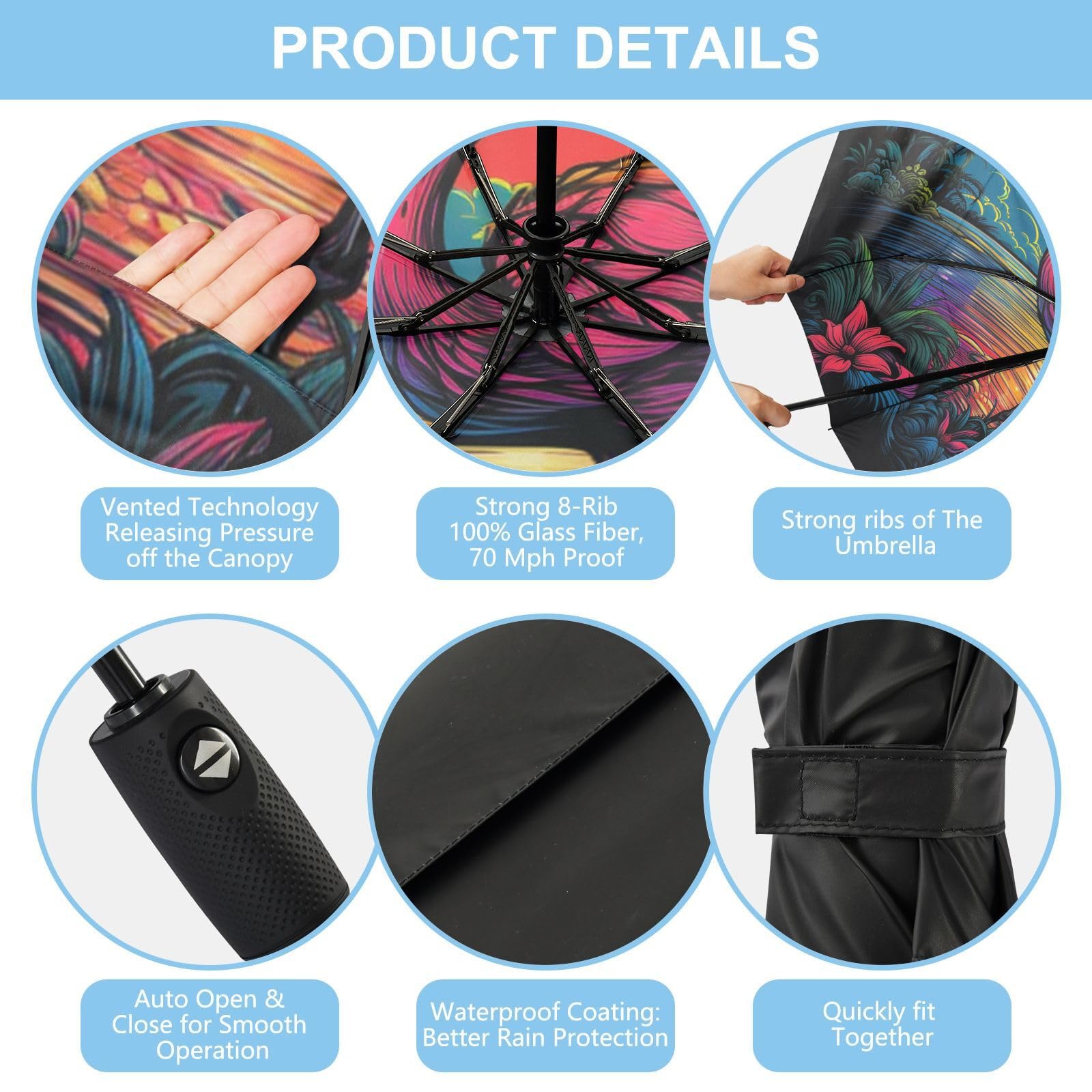 Flamenco De NeóN Fresco Paraguas de Viaje Resistente al Viento Apertura Cierre AutomáTicos,Compacto con ProteccióN Solar UPF 50+ Ideal para JóVenes Chicas