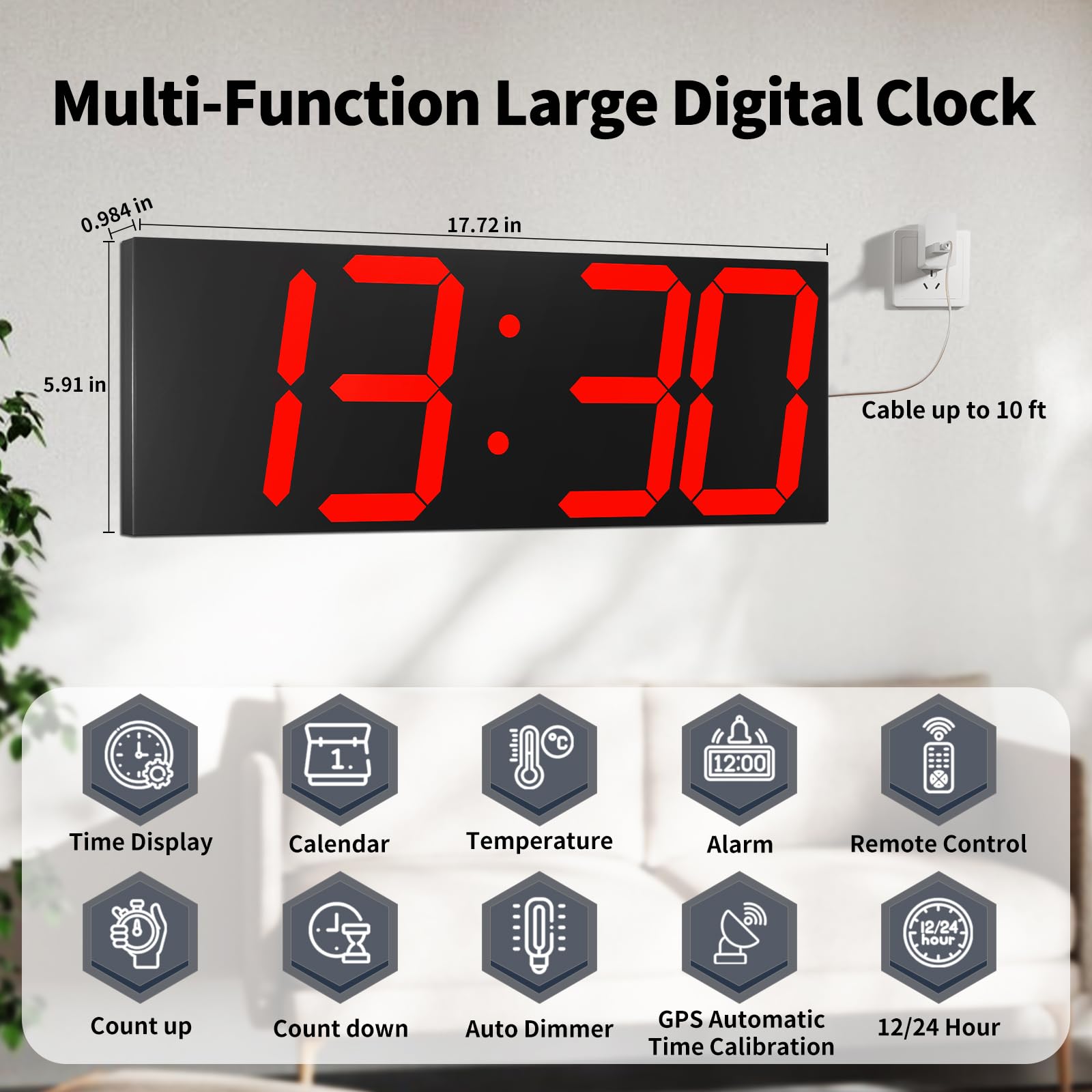 CHKOSDA 18.7'' Automic Digital Wall Clock, LED Wall Clock with Large Display, Multi-Function Clock with Alarm and Timer, Auto Time Sync Digital Clock with Adjustable Brigthness(Red)