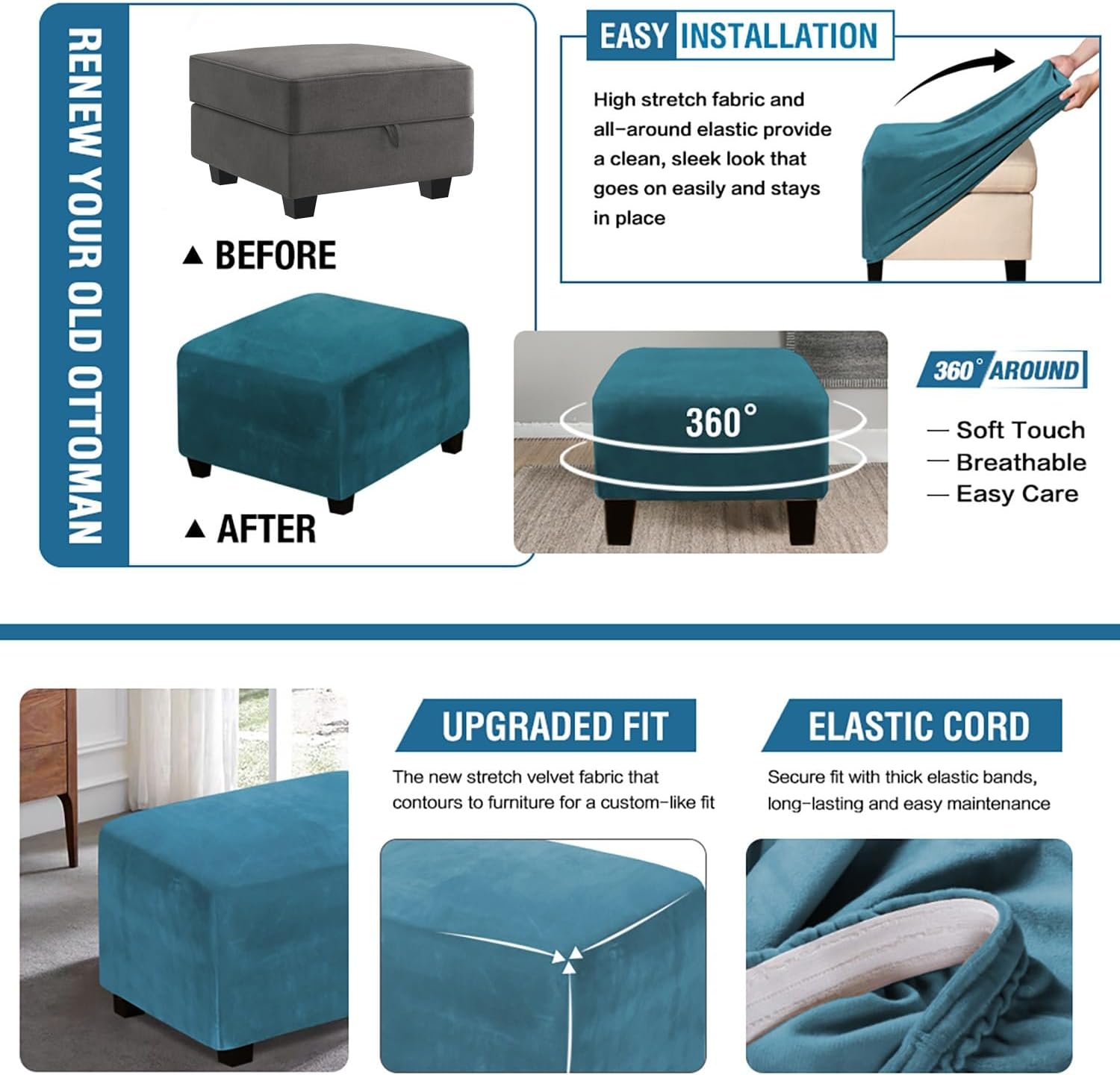 Stretch Velvet Ottoman Cover Square 40x40 60×60 80×80cm Custom Ottoman Slipcover Stretch Stool Protector Hassock Covers for Footstool Footrest Pouf(Burgundy,90x90cm)