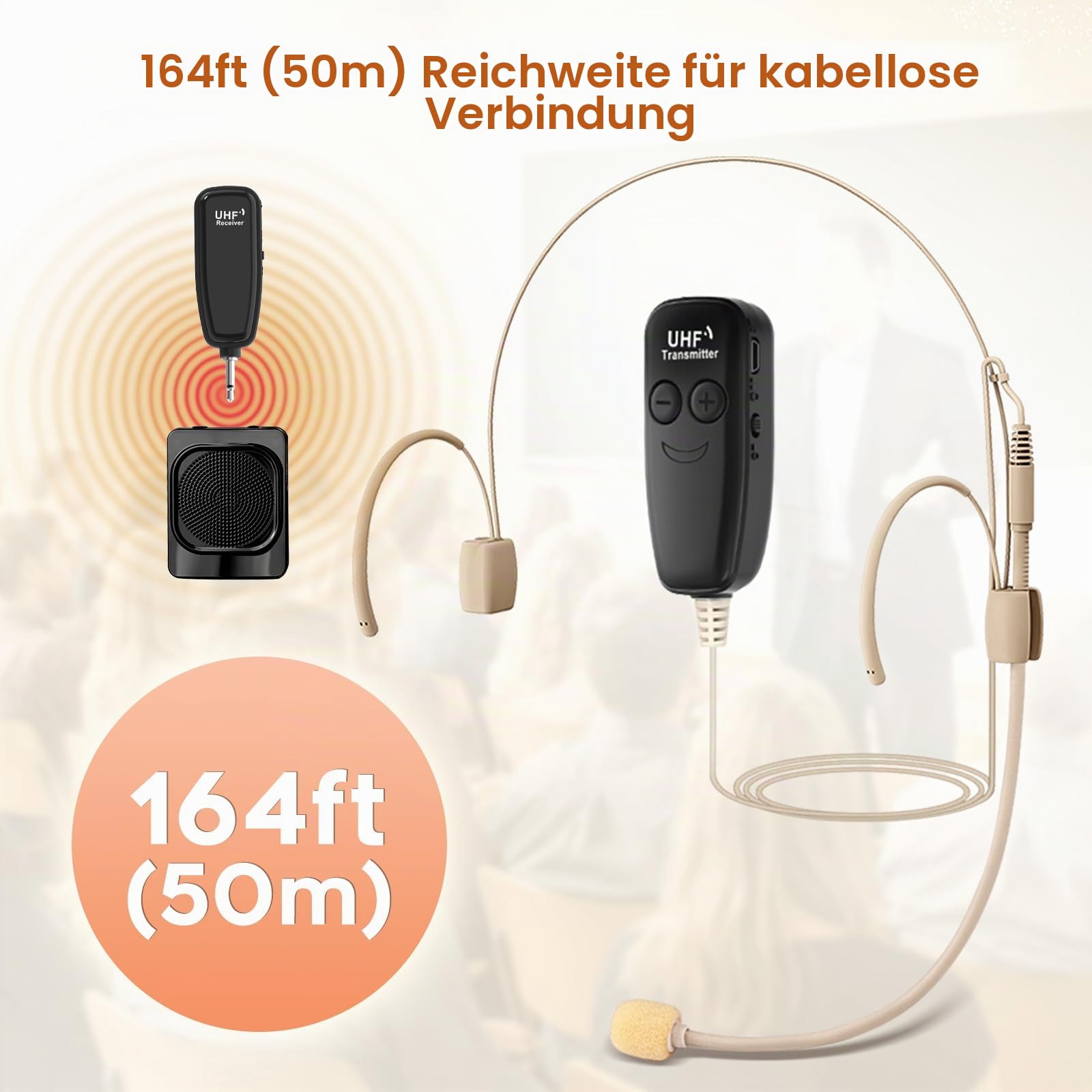 Kabelloses Headset Mikrofon, UHF Hautton Drahtloses Mikrofon Lautsprechersystem, Beigefarbene Sprachverstärker Funkmikrofon, 50m Kabelloser Reichweite, für Lehrer, Reiseleiter, Fitnesstrainer