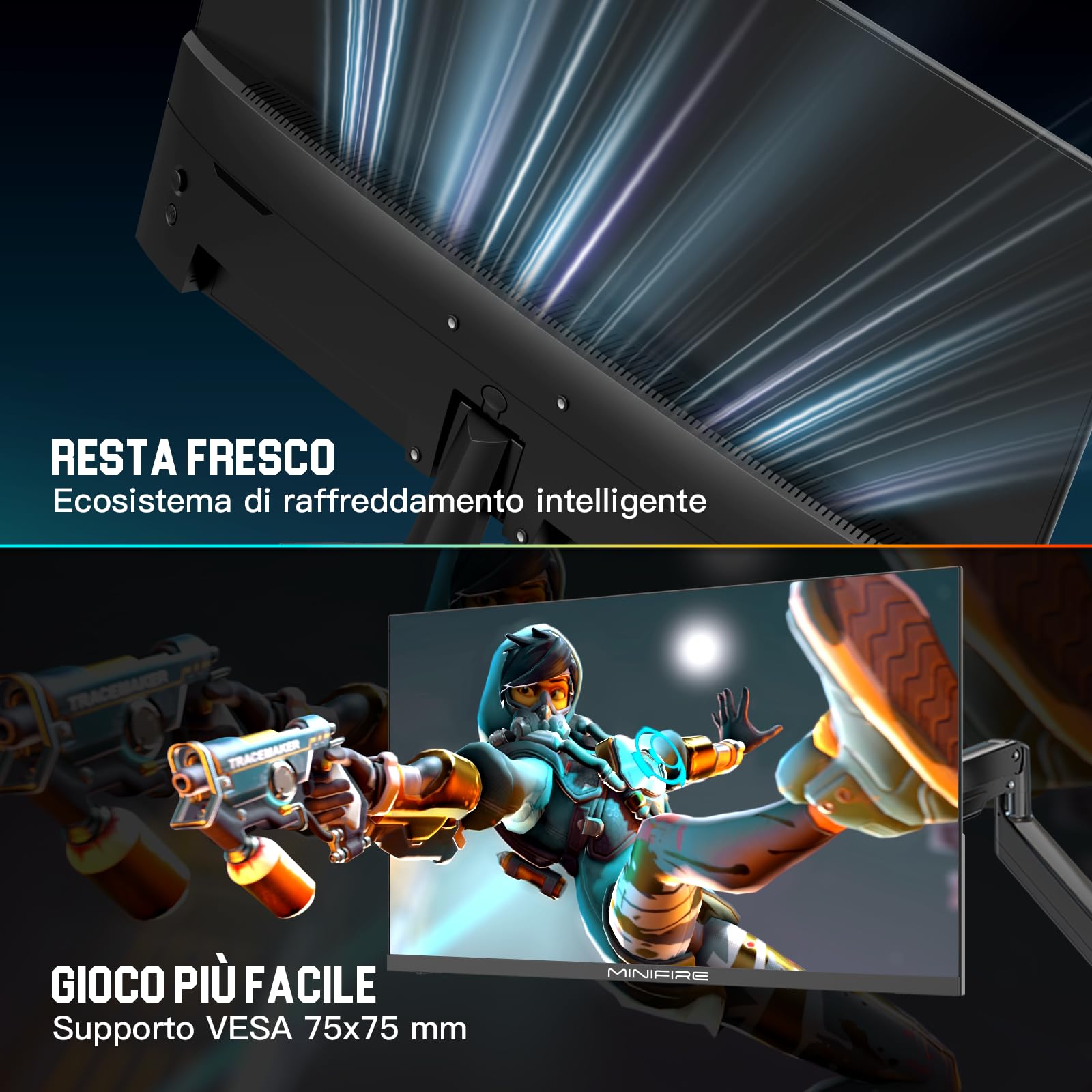 Minifire Monitor Gaming 24.5 Pollici 300Hz, 1ms, Full HD Schermo Senza Cornice, IPS Pannello, Adaptive Sync, HDR, Eye-Care, HDMI2.0 & DisplayPort1.4, VESA75x75, 178°, -5°–15° Inclinazione Regolabile