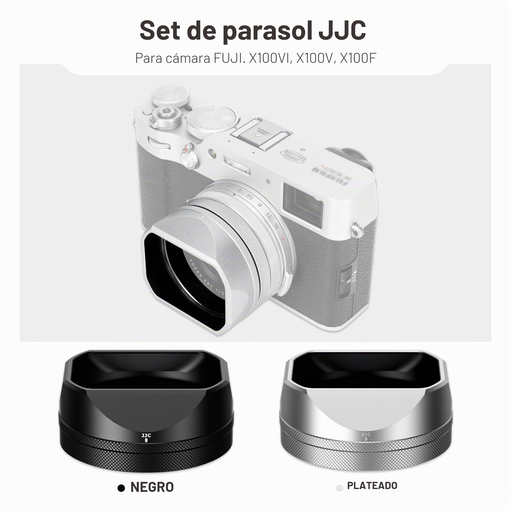 JJC Parasol clásico cuadrado de metal con anillo adaptador de 49 mm + tapa de capucha para cámara Fujifilm X100VI Fuji X100V Fuji X100F - Soporte de filtro de 49 mm - Negro