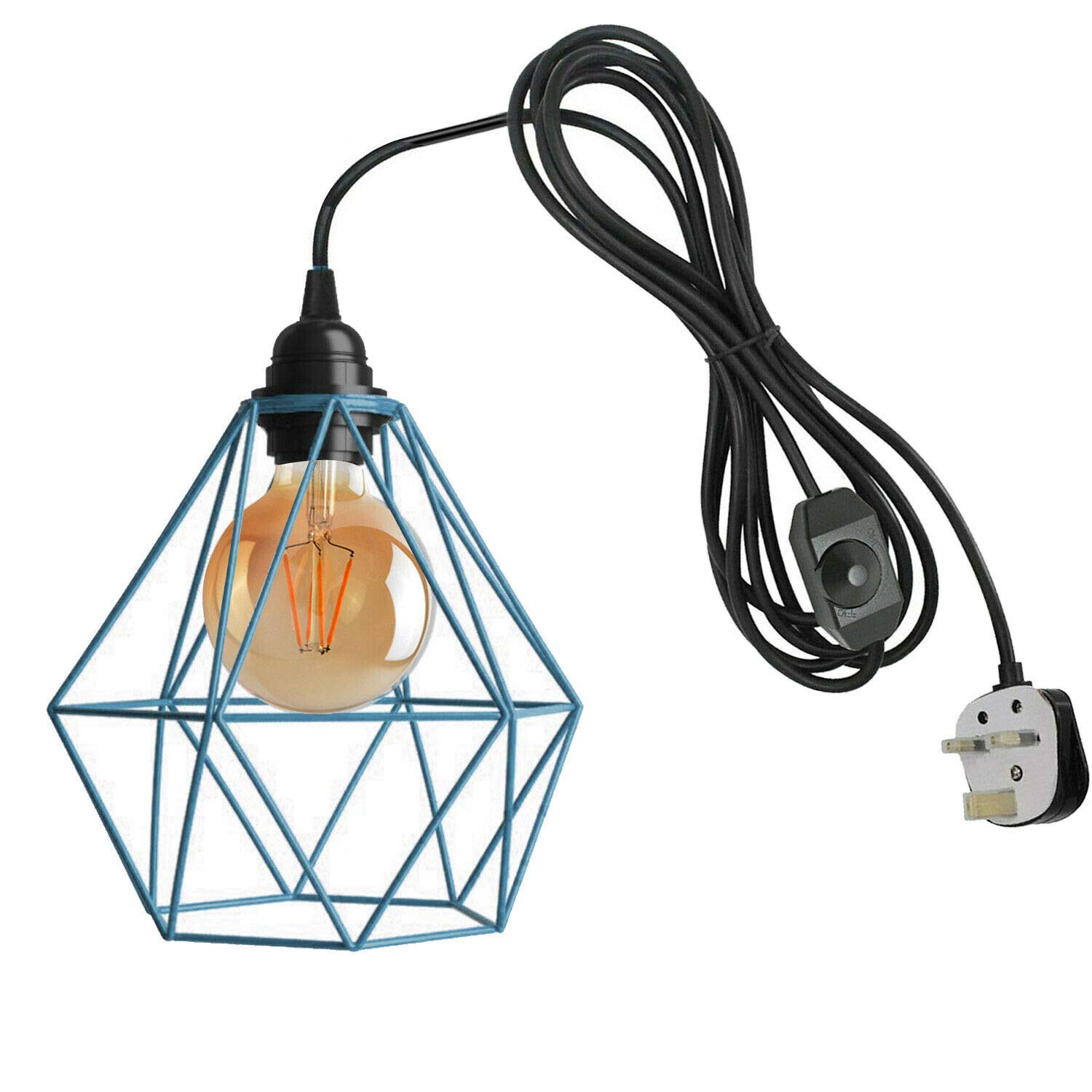 DC VOLTAGE Modern Geometric Plug in Pendant Light with 4.5M Cable, E27 Hanging Ceiling Lamp with UK Plug and On/Off Switch, Metal Cage Shade for Bedroom, Living Room, Kitchen (Blue)