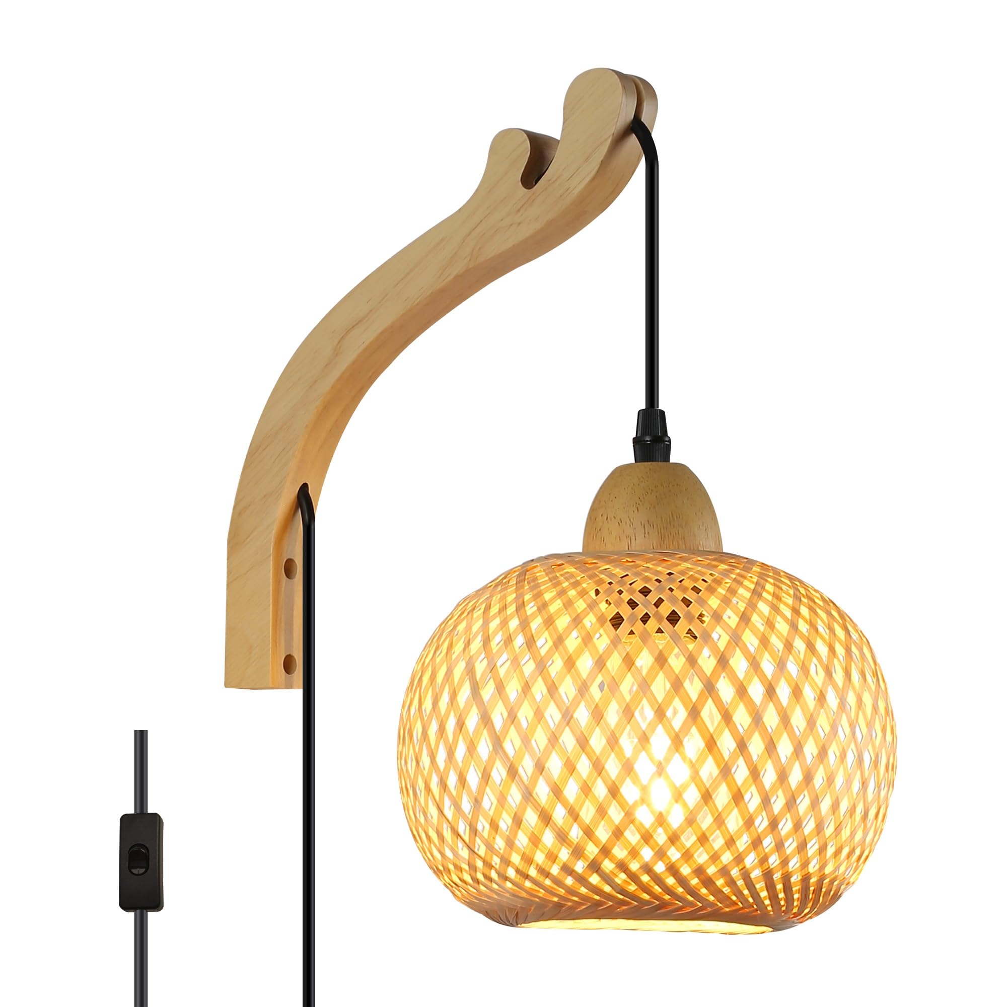 SUNLLOK Modern Plug In Bamboo Wall Light Fixture With Switch - Round - View #2
