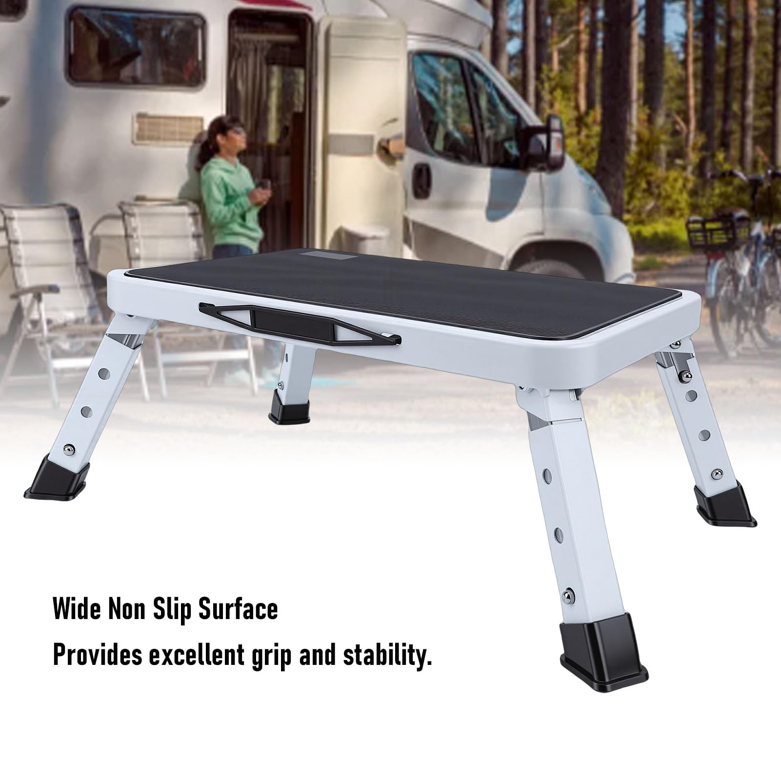 Focket Klappbarer Tritthocker, 3 Gänge Höhenverstellbar, 150 Kg Belastbar, Wohnmobil-Tritthocker, Klappbare Plattform, Sicherheits-RV-Stufen mit Rutschfester Plattform